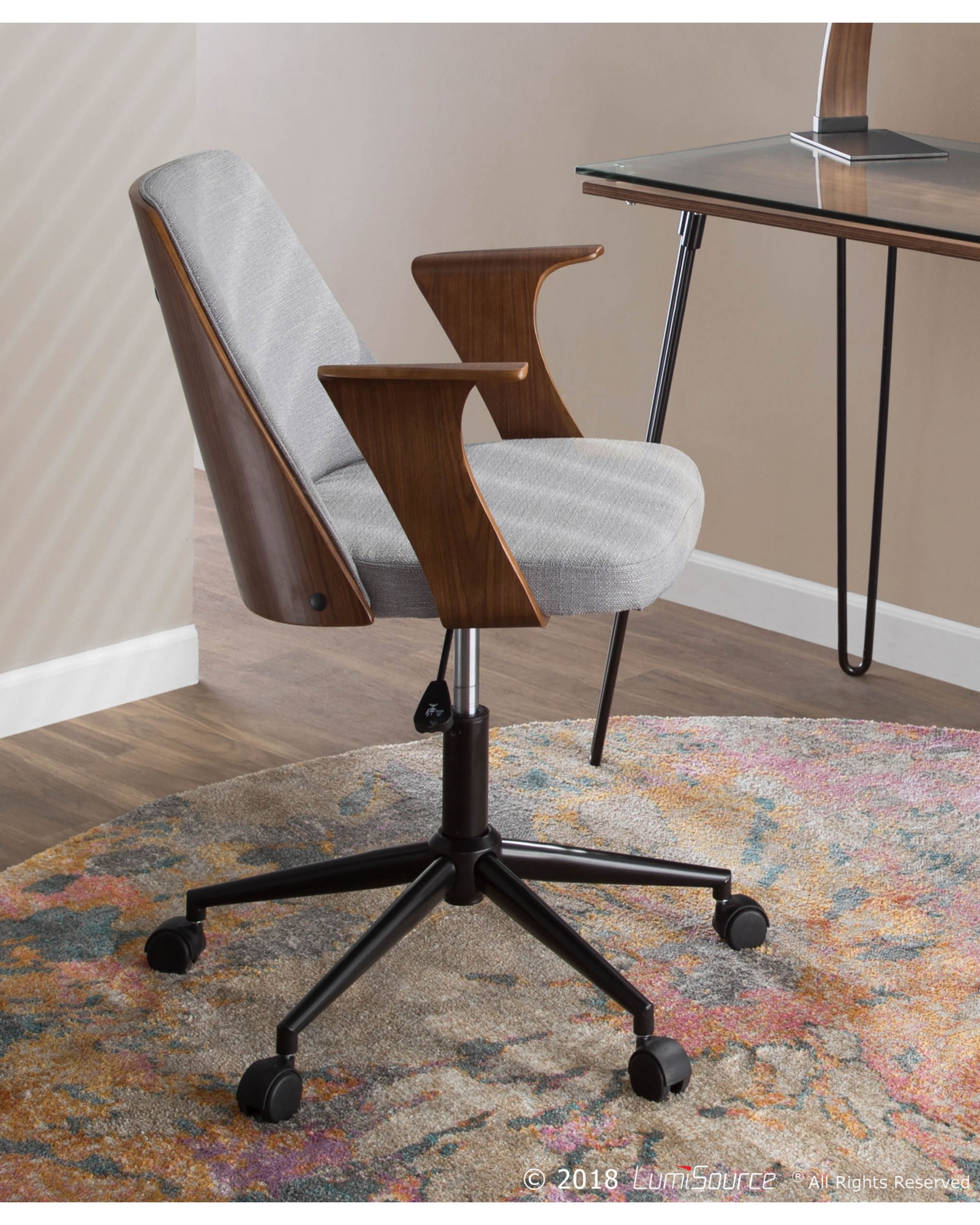 Verdana Mid-Century Modern Office Chair in Walnut Wood and Grey Fabric