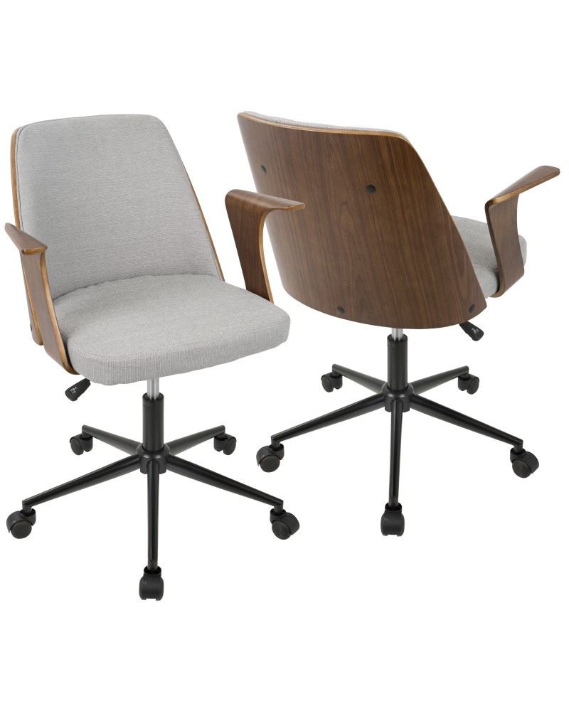 Verdana Mid-Century Modern Office Chair in Walnut Wood and Grey Fabric