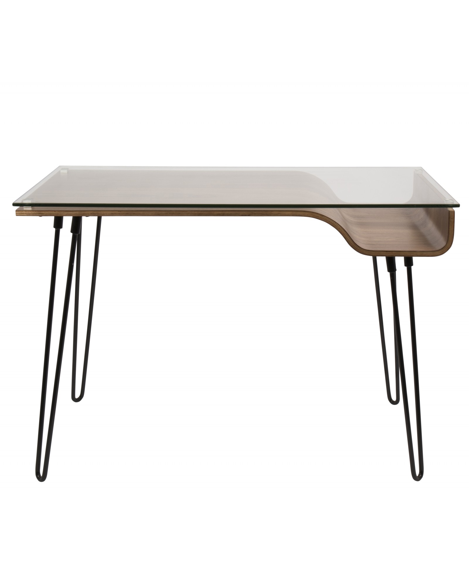 Avery Mid-Century Modern Desk in Walnut Wood, Clear Glass, and Black Metal