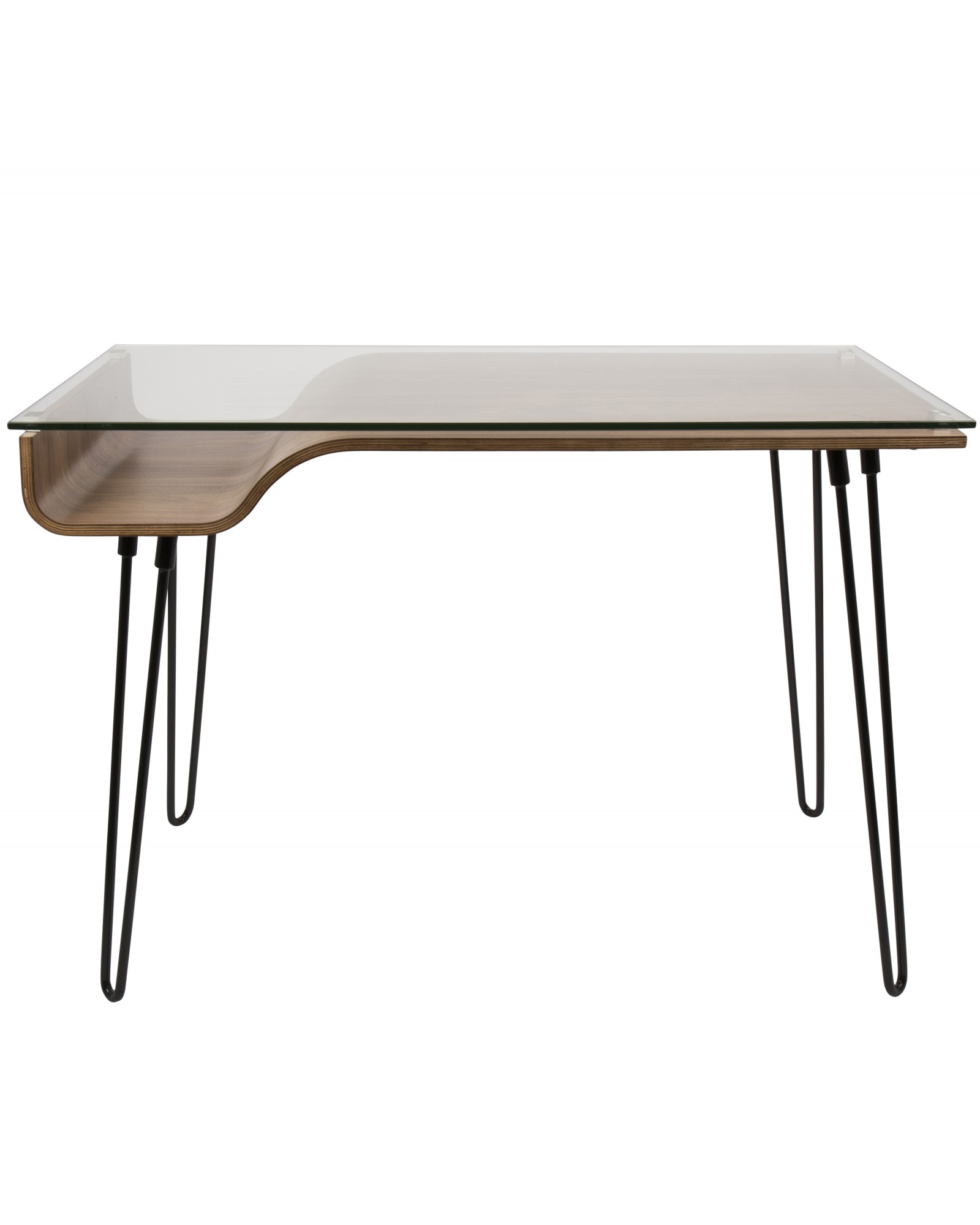 Avery Mid-Century Modern Desk in Walnut Wood, Clear Glass, and Black Metal