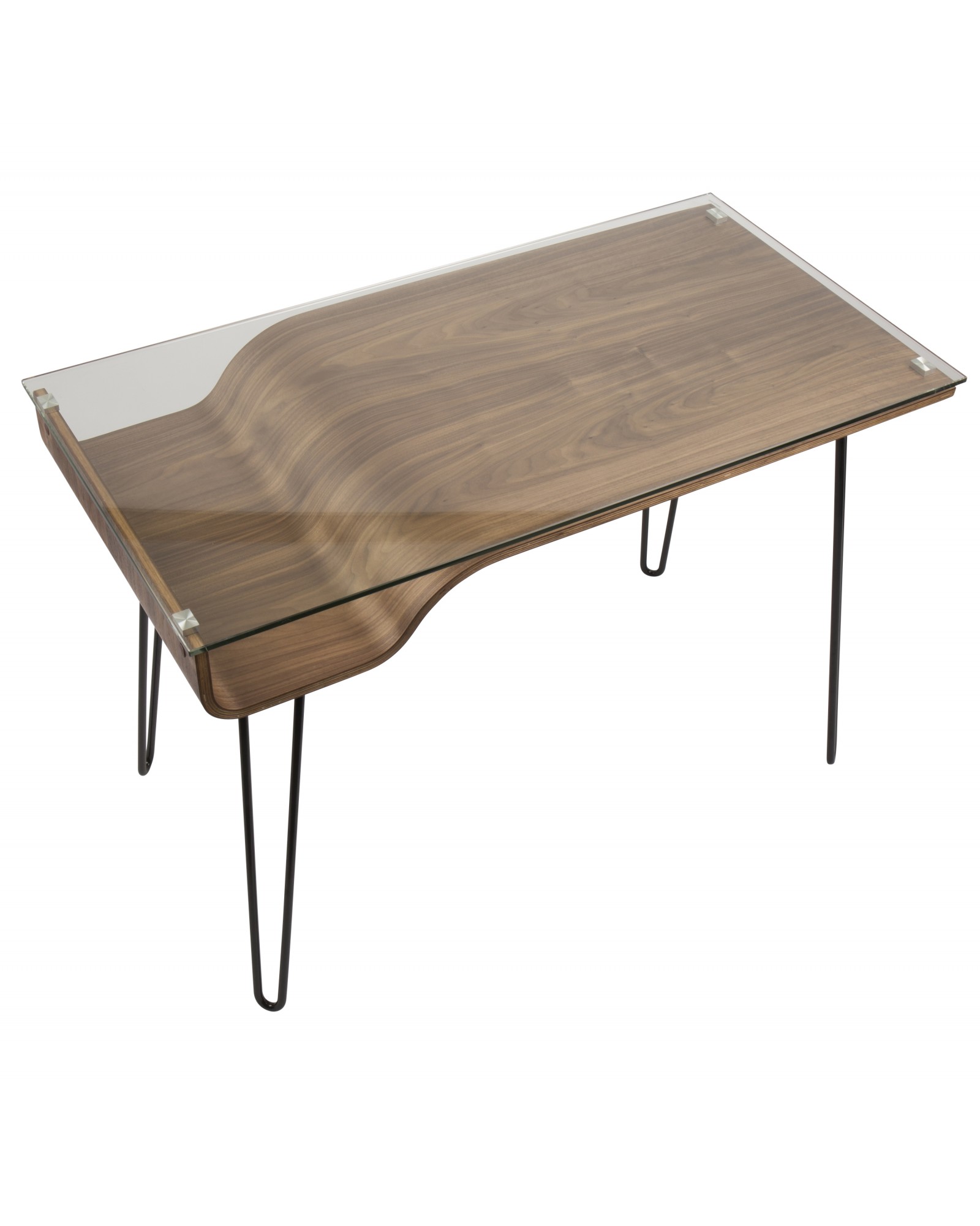 Avery Mid-Century Modern Desk in Walnut Wood, Clear Glass, and Black Metal