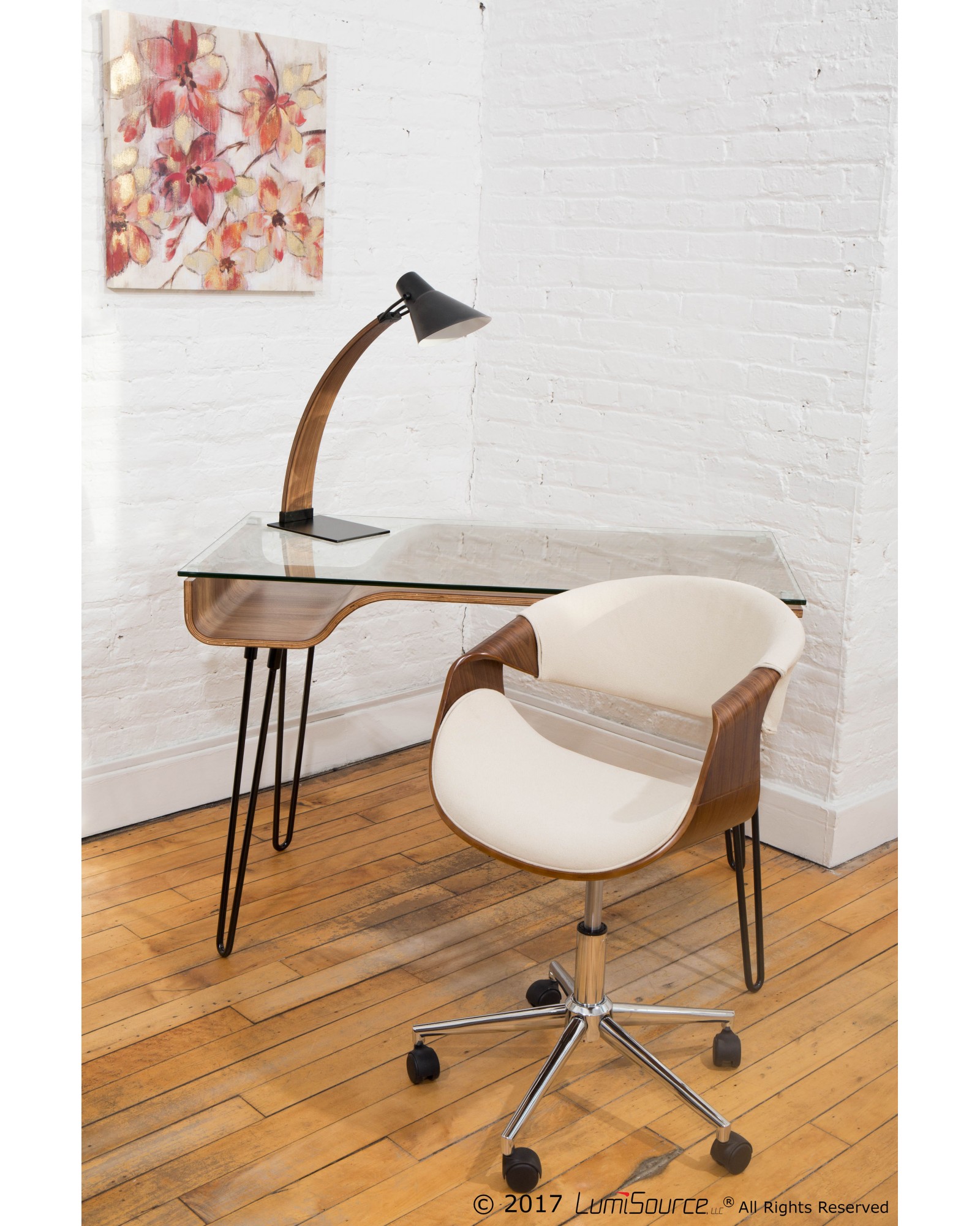 Avery Mid-Century Modern Desk in Walnut Wood, Clear Glass, and Black Metal