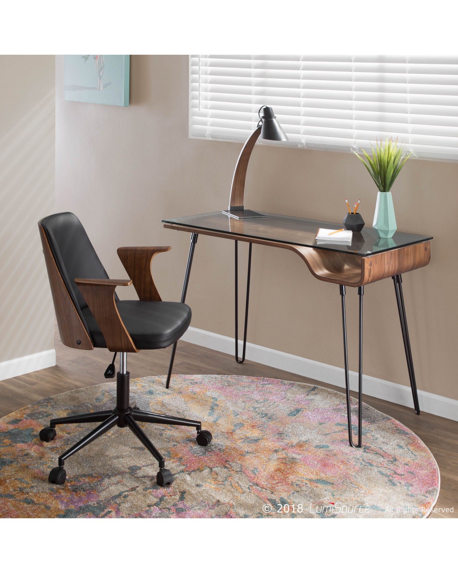 Avery Mid-Century Modern Desk in Walnut Wood, Clear Glass, and Black Metal