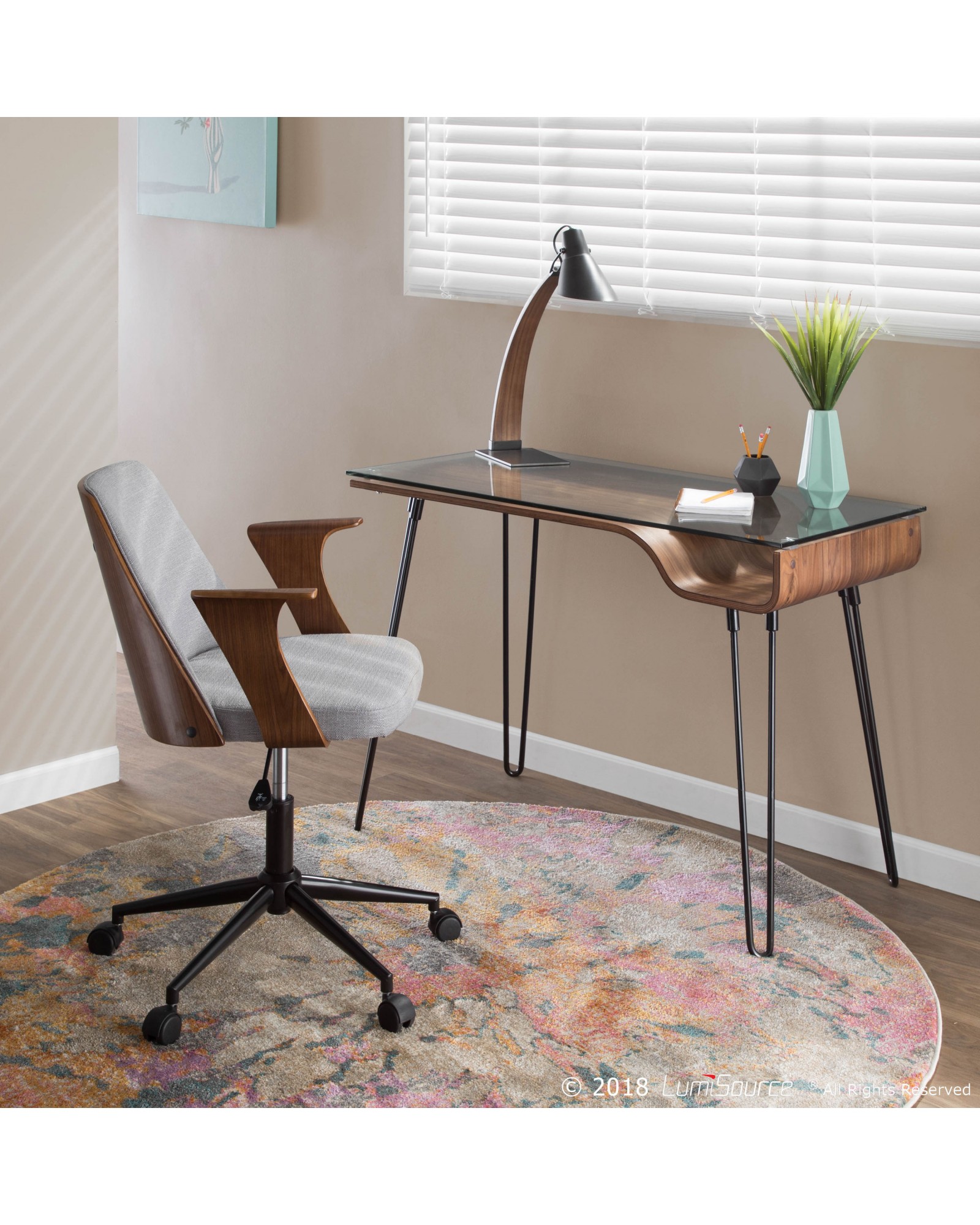 Avery Mid-Century Modern Desk in Walnut Wood, Clear Glass, and Black Metal