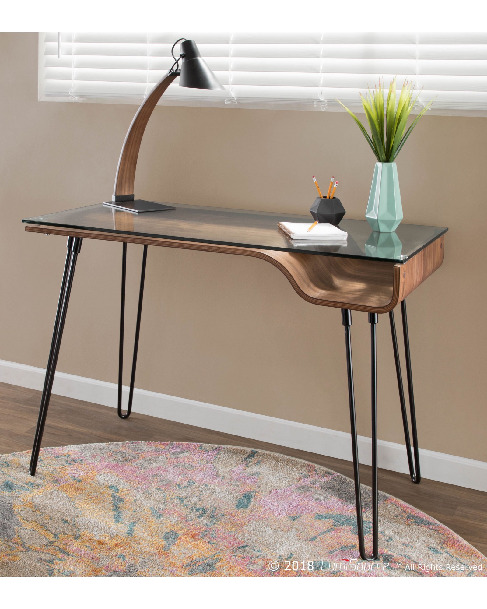 Avery Mid-Century Modern Desk in Walnut Wood, Clear Glass, and Black Metal