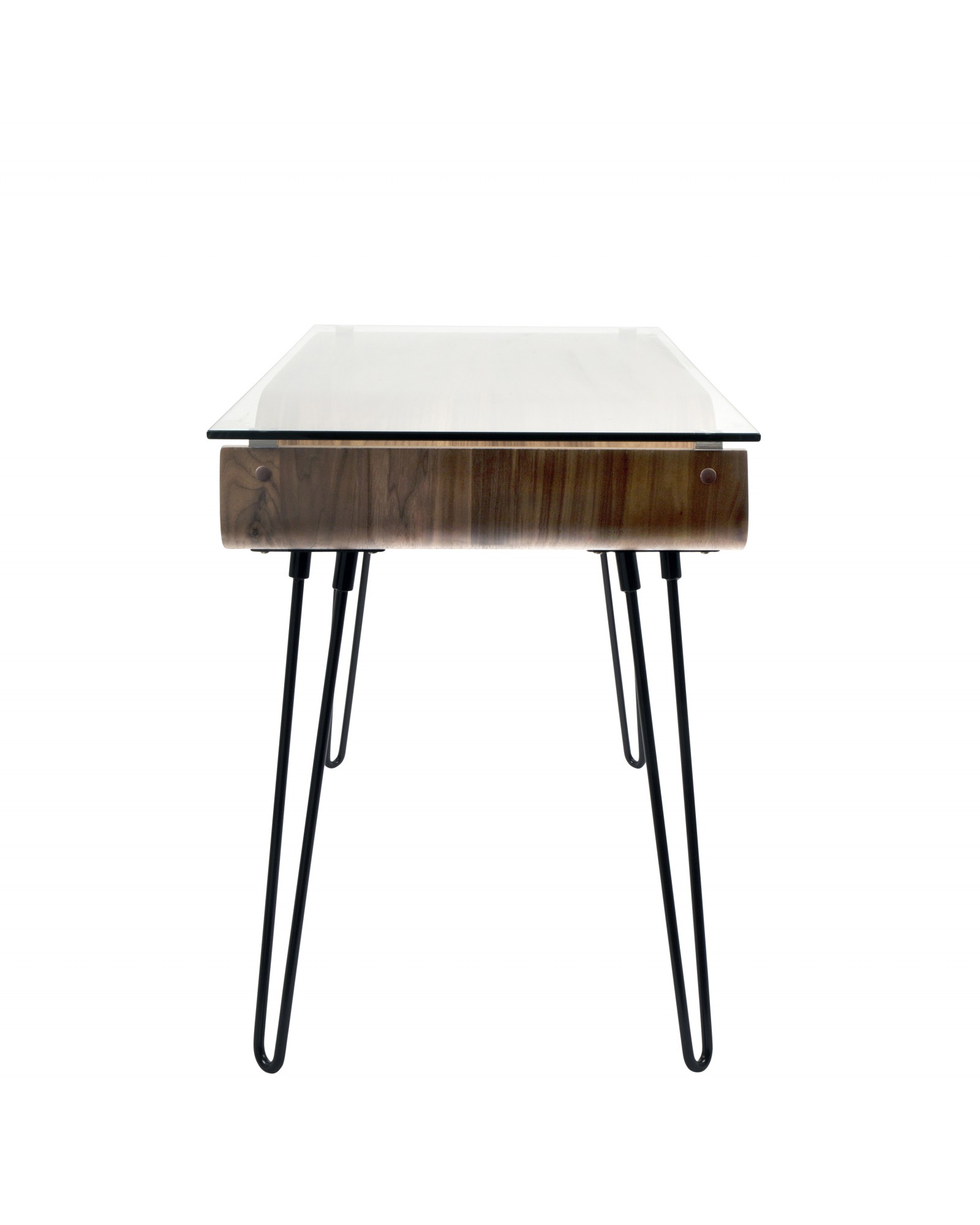 Avery Mid-Century Modern Desk in Walnut Wood, Clear Glass, and Black Metal