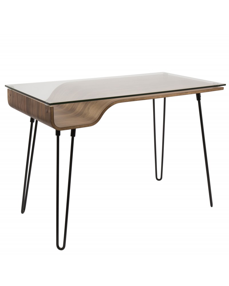 Avery Mid-Century Modern Desk in Walnut Wood, Clear Glass, and Black Metal