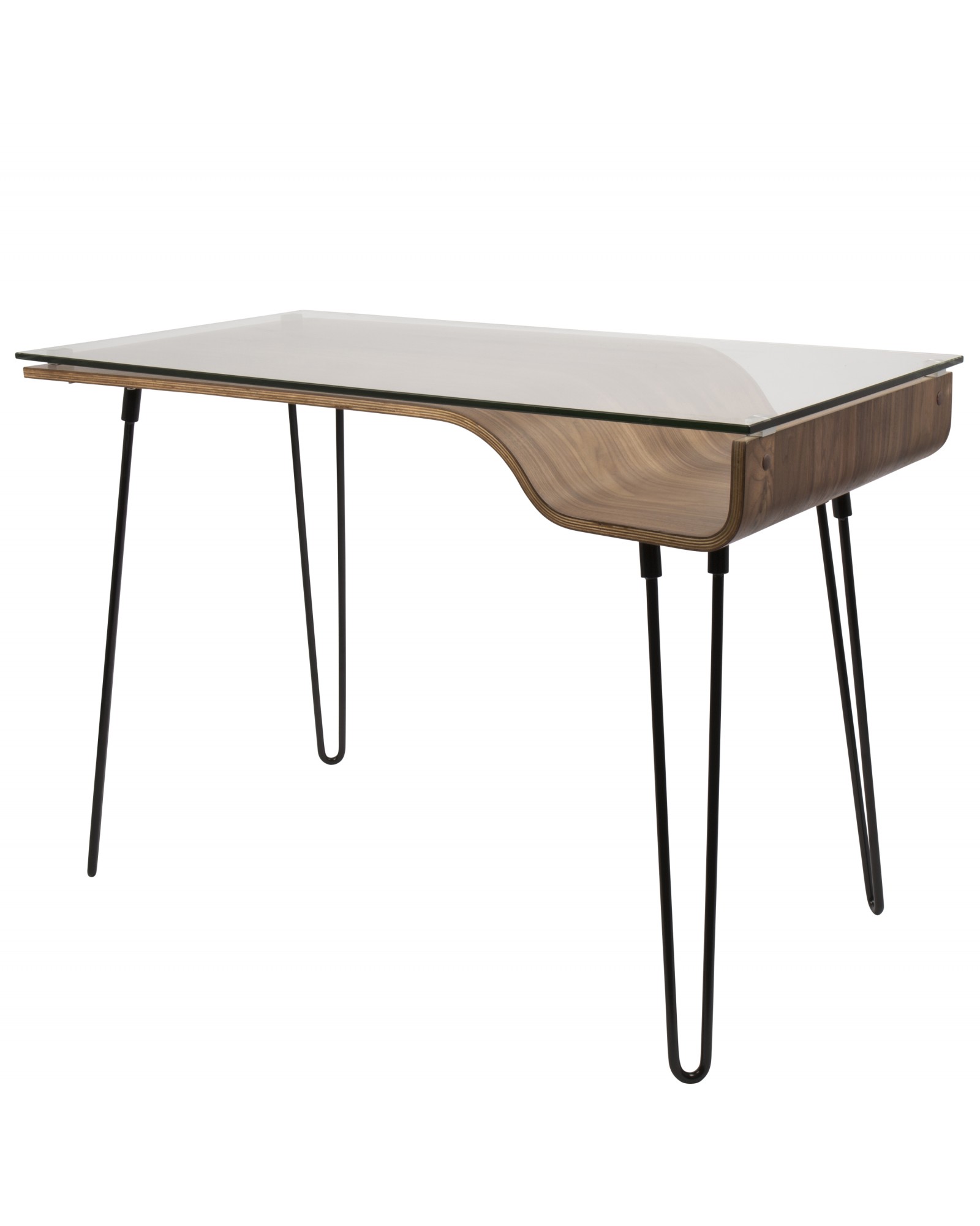 Avery Mid-Century Modern Desk in Walnut Wood, Clear Glass, and Black Metal