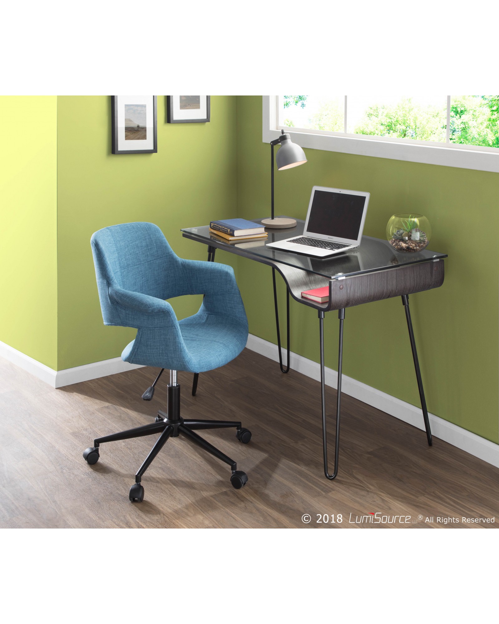 Avery Mid-Century Modern Desk in Dark Grey Wood, Clear Glass, and Black Metal