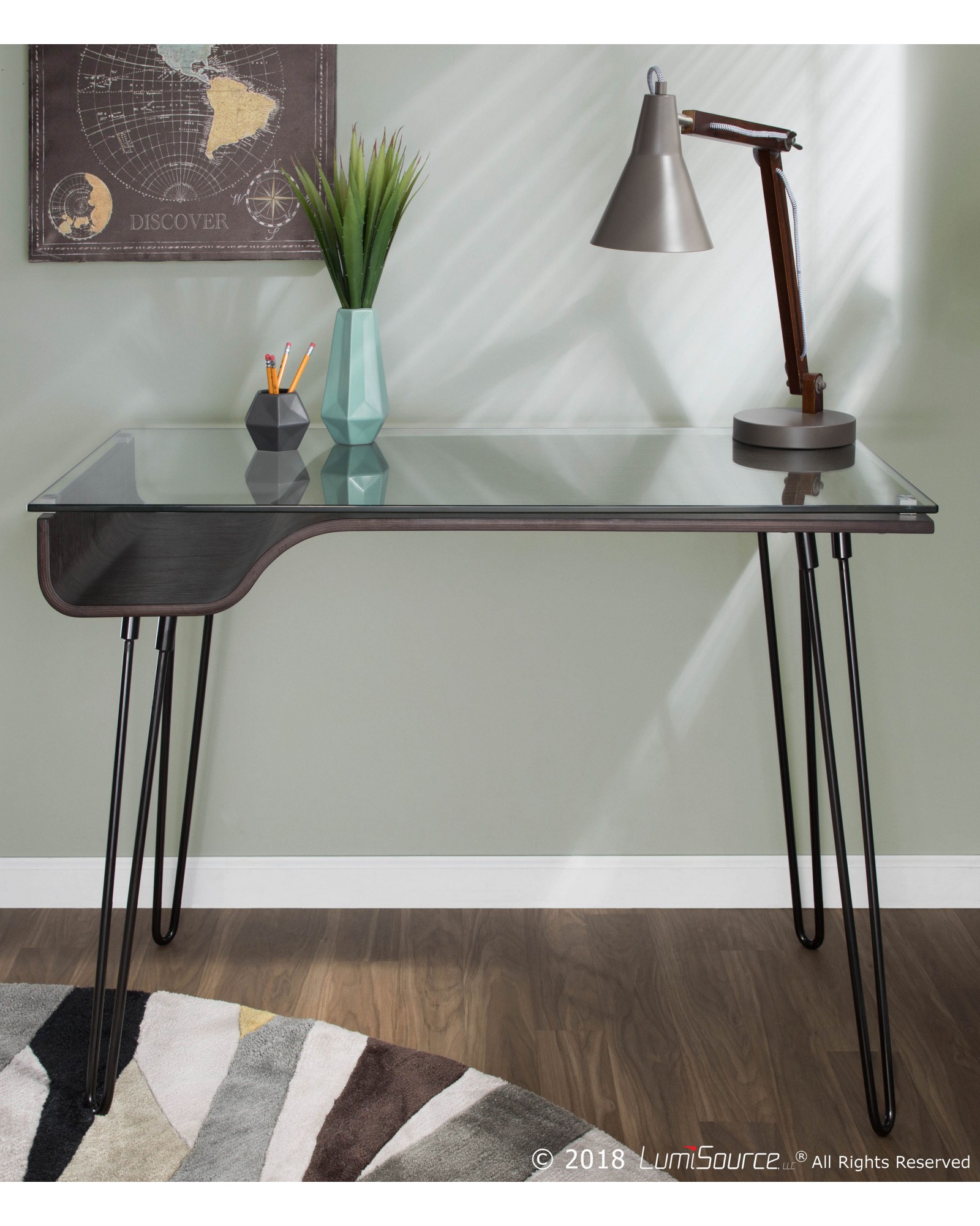 Avery Mid-Century Modern Desk in Dark Grey Wood, Clear Glass, and Black Metal