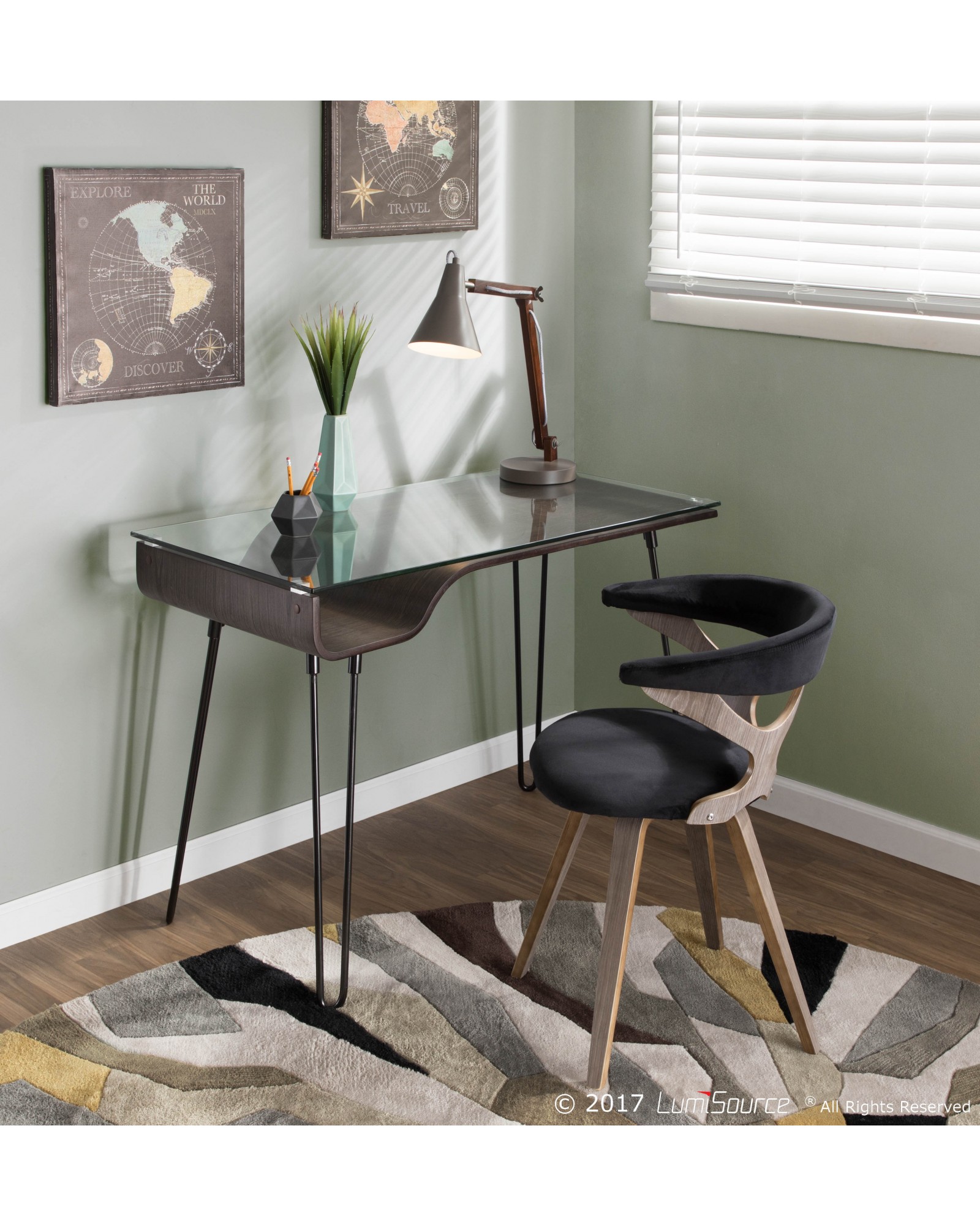 Avery Mid-Century Modern Desk in Dark Grey Wood, Clear Glass, and Black Metal