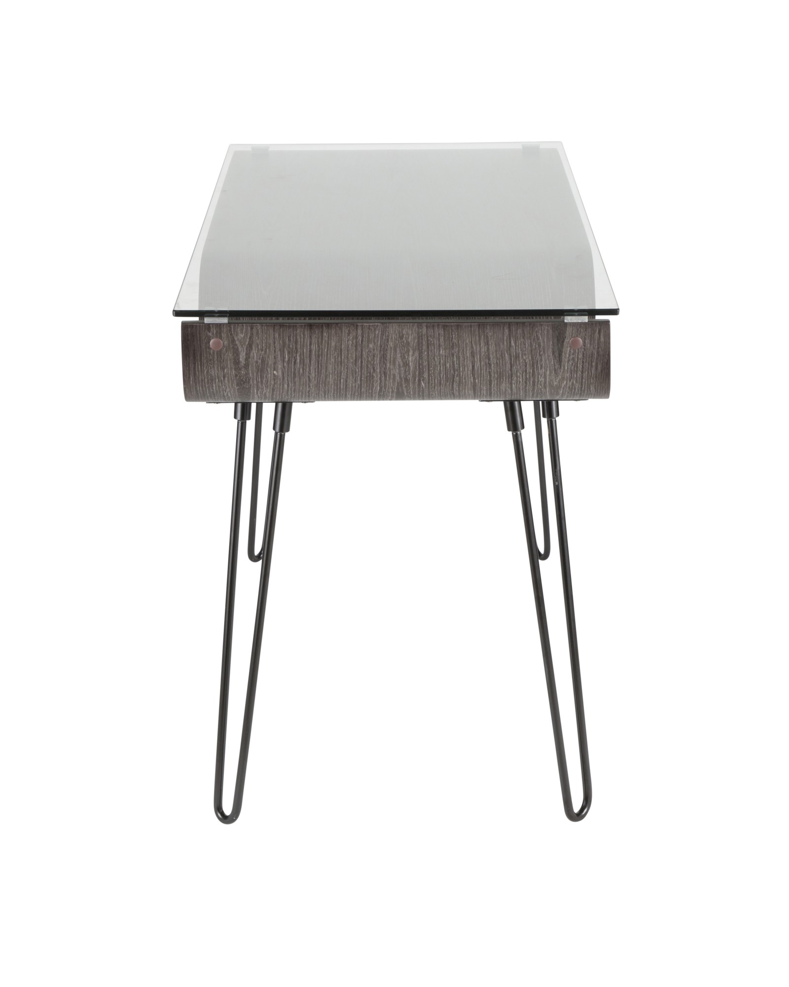 Avery Mid-Century Modern Desk in Dark Grey Wood, Clear Glass, and Black Metal