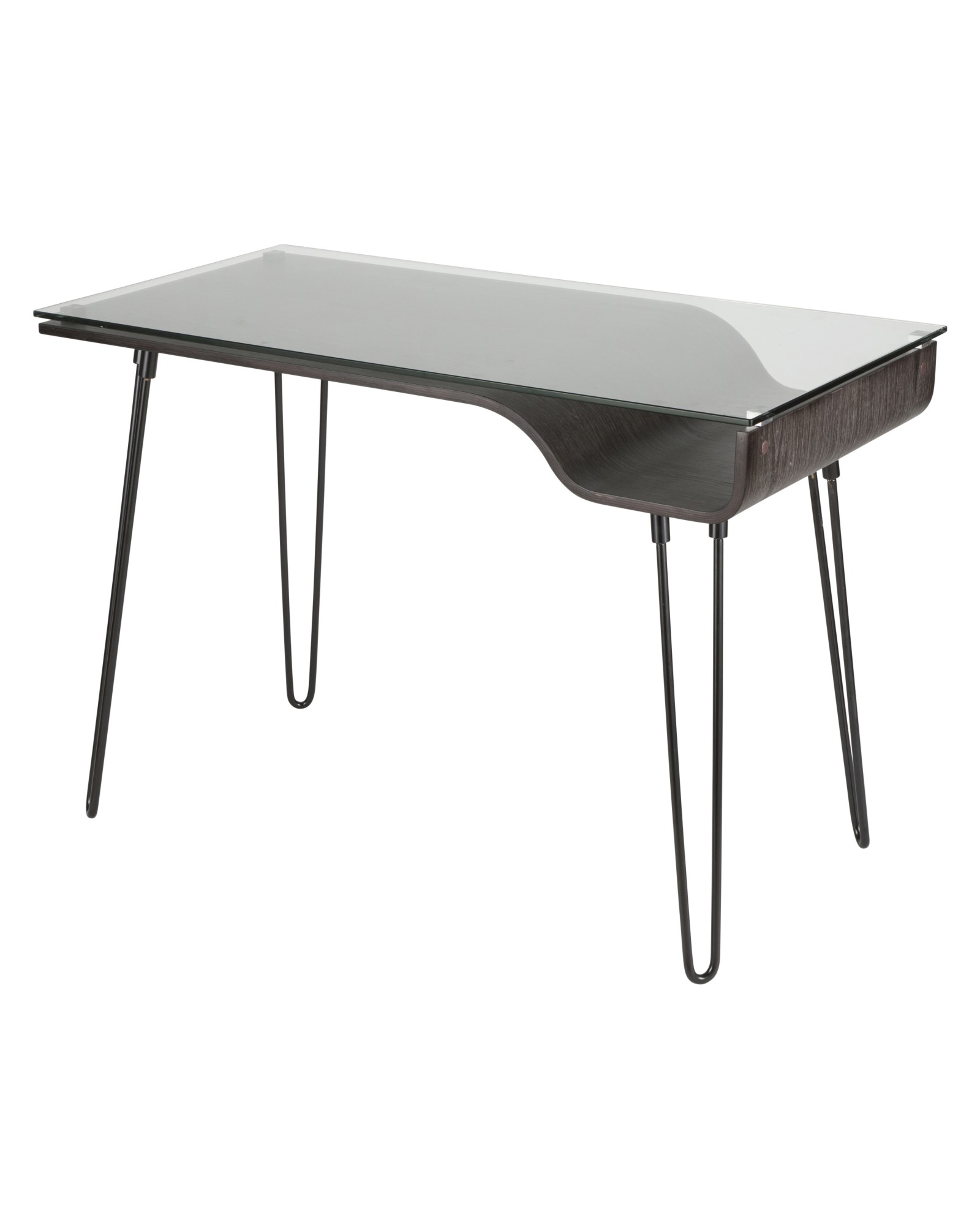 Avery Mid-Century Modern Desk in Dark Grey Wood, Clear Glass, and Black Metal