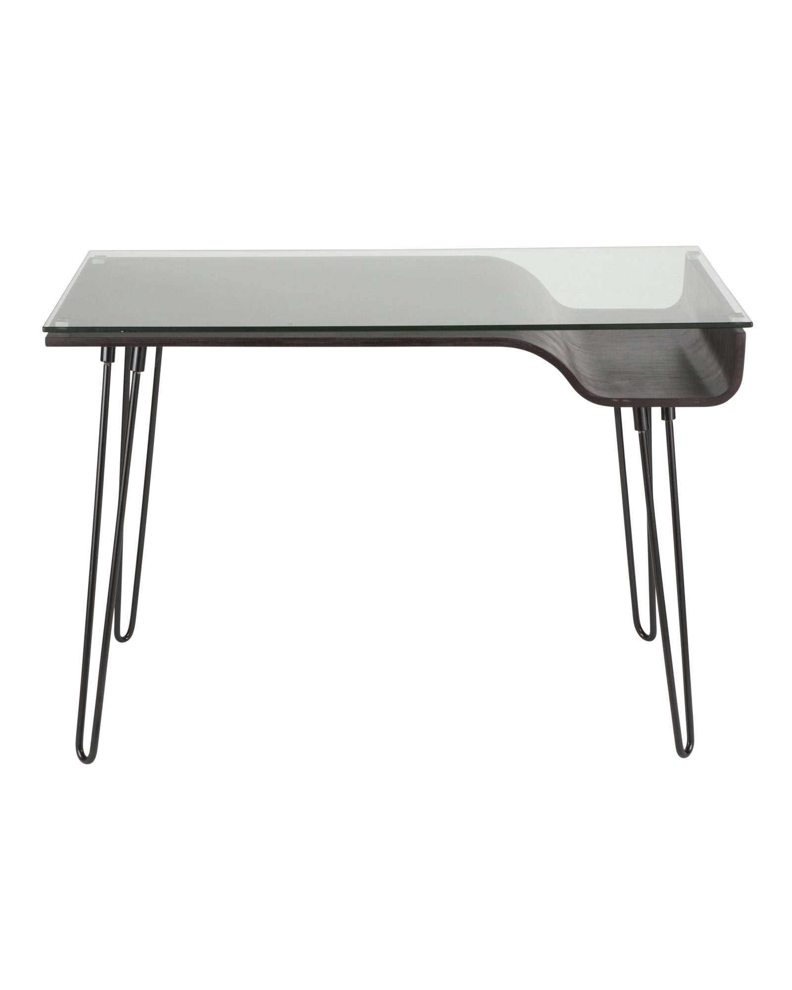 Avery Mid-Century Modern Desk in Dark Grey Wood, Clear Glass, and Black Metal