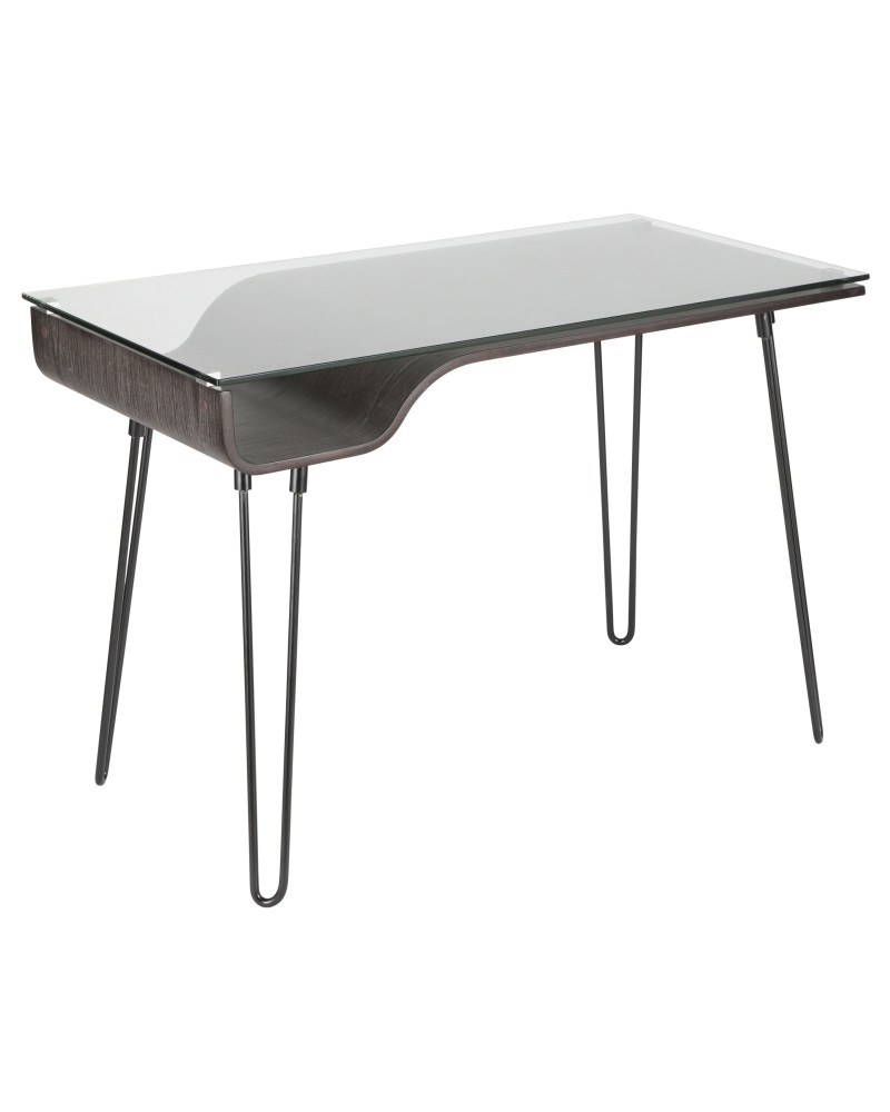 Avery Mid-Century Modern Desk in Dark Grey Wood, Clear Glass, and Black Metal