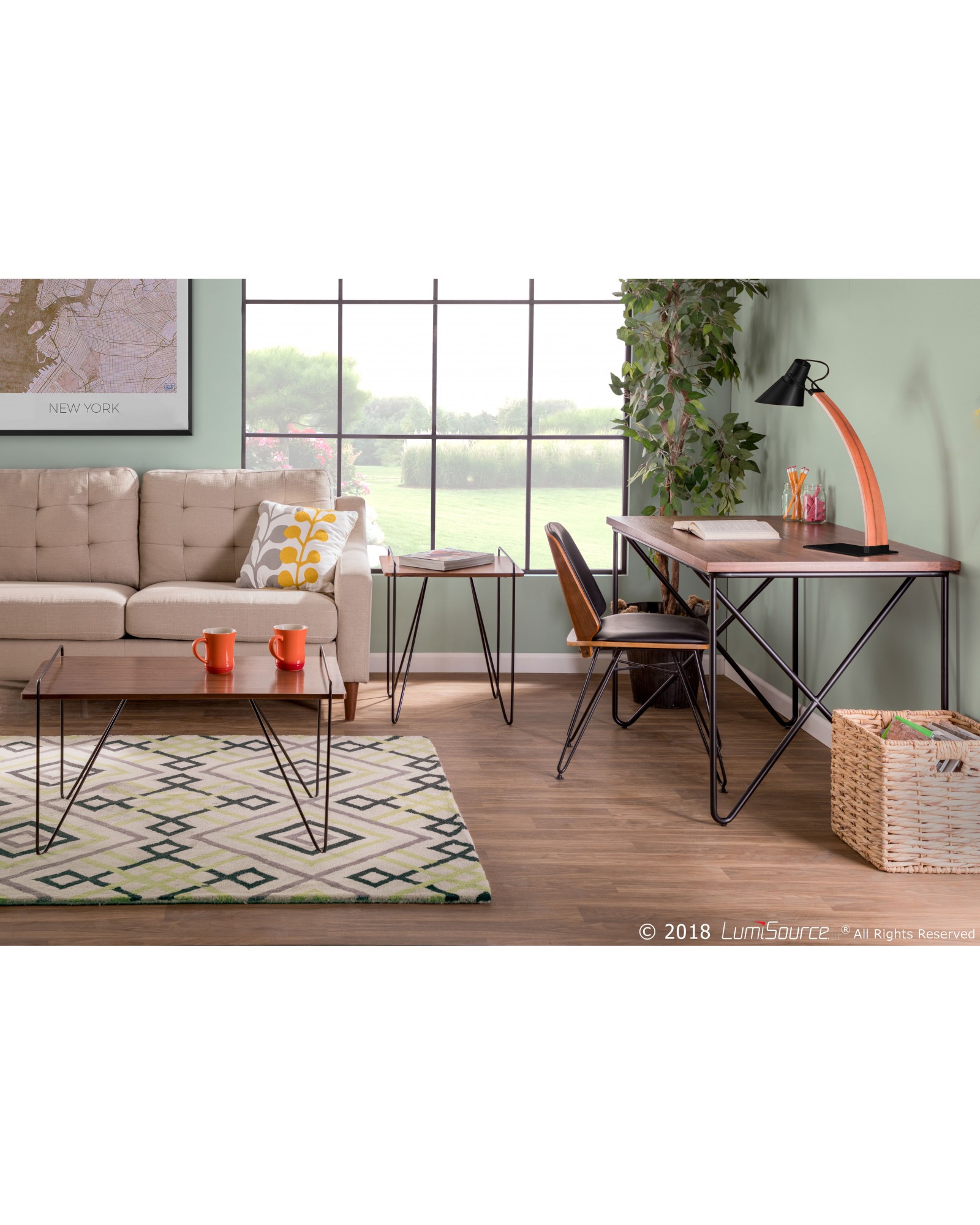 Loft Mid-Century Modern Office Desk with Black Frame and Walnut Wood Top