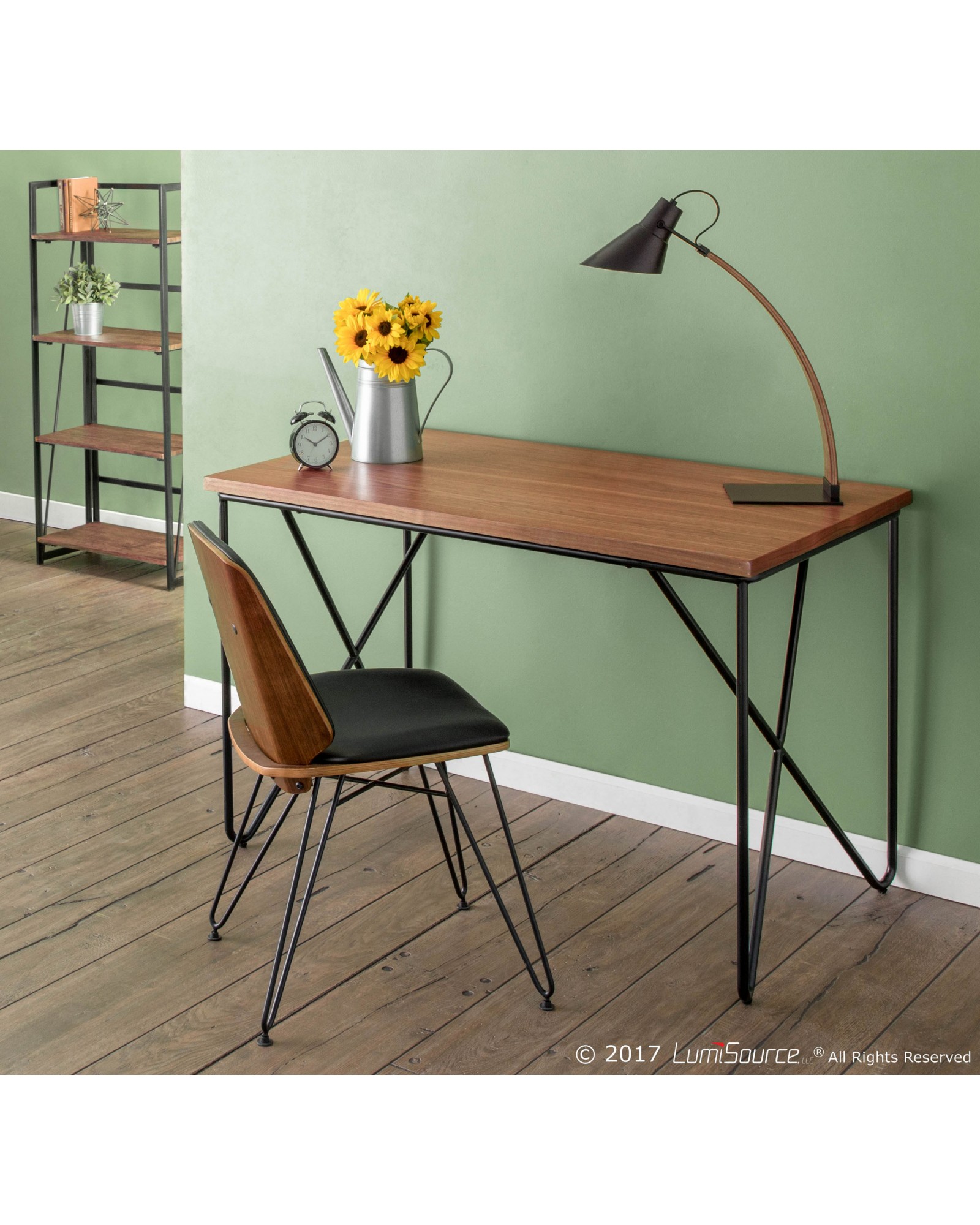 Loft Mid-Century Modern Office Desk with Black Frame and Walnut Wood Top