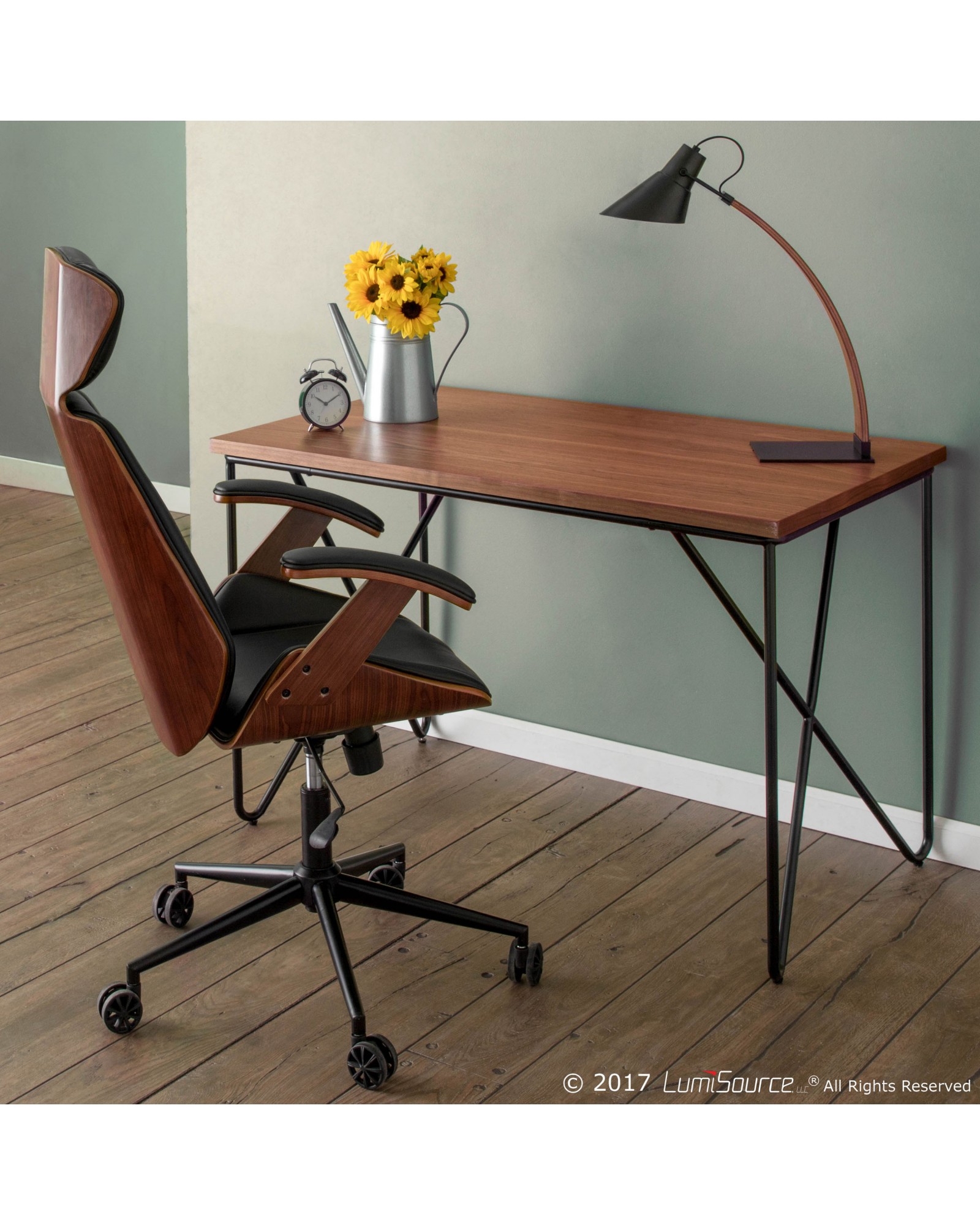 Loft Mid-Century Modern Office Desk with Black Frame and Walnut Wood Top