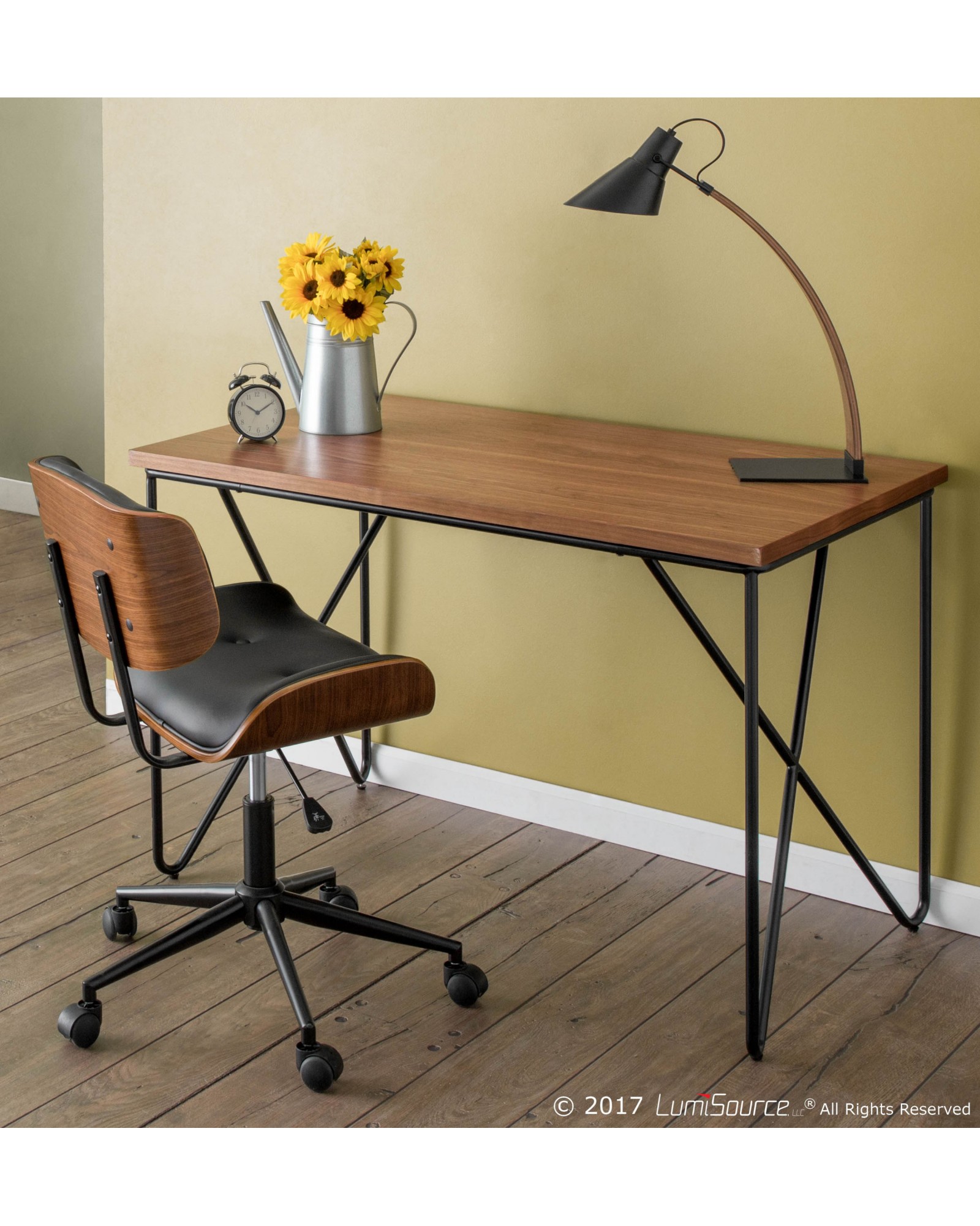 Loft Mid-Century Modern Office Desk with Black Frame and Walnut Wood Top