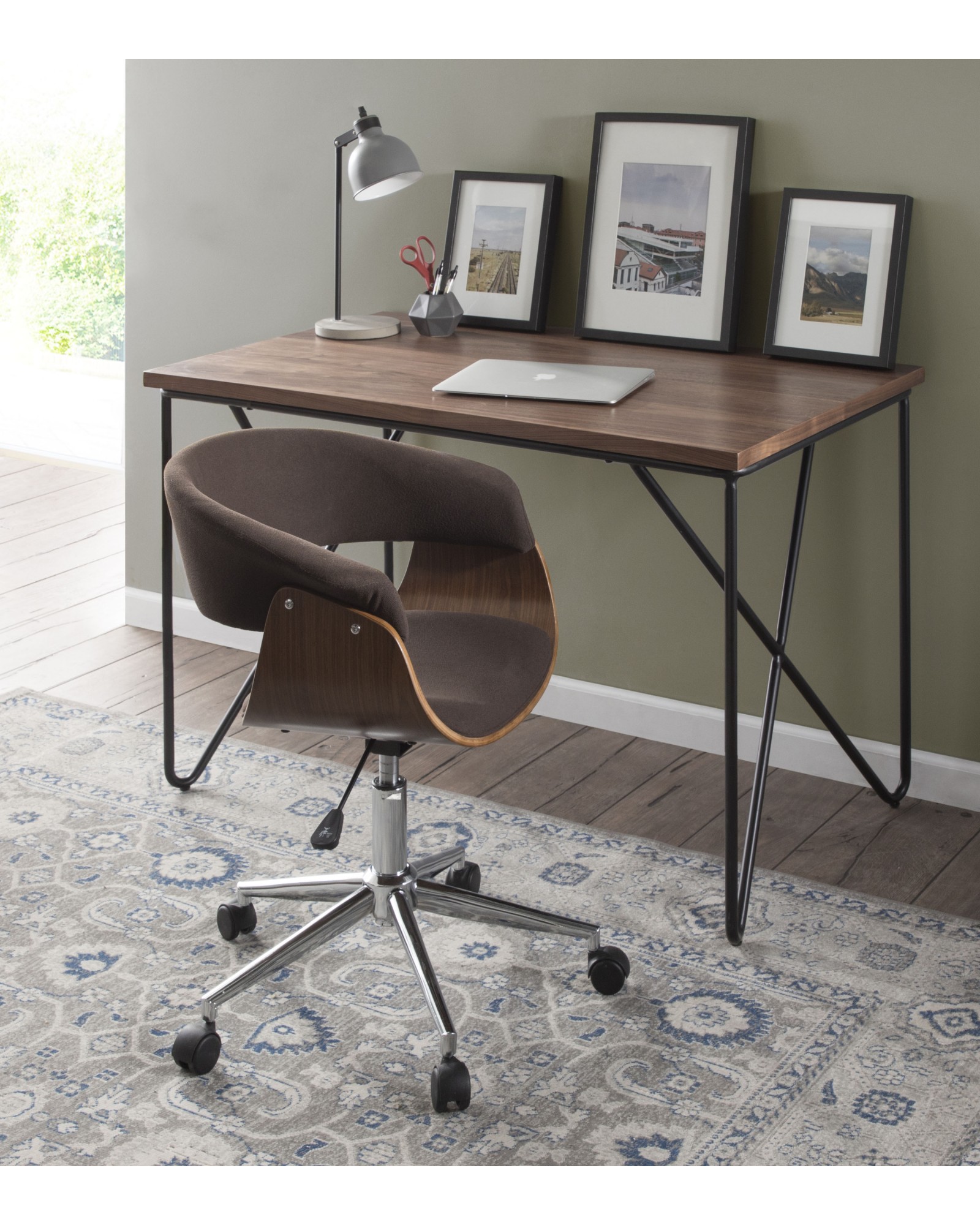 Loft Mid-Century Modern Office Desk with Black Frame and Walnut Wood Top