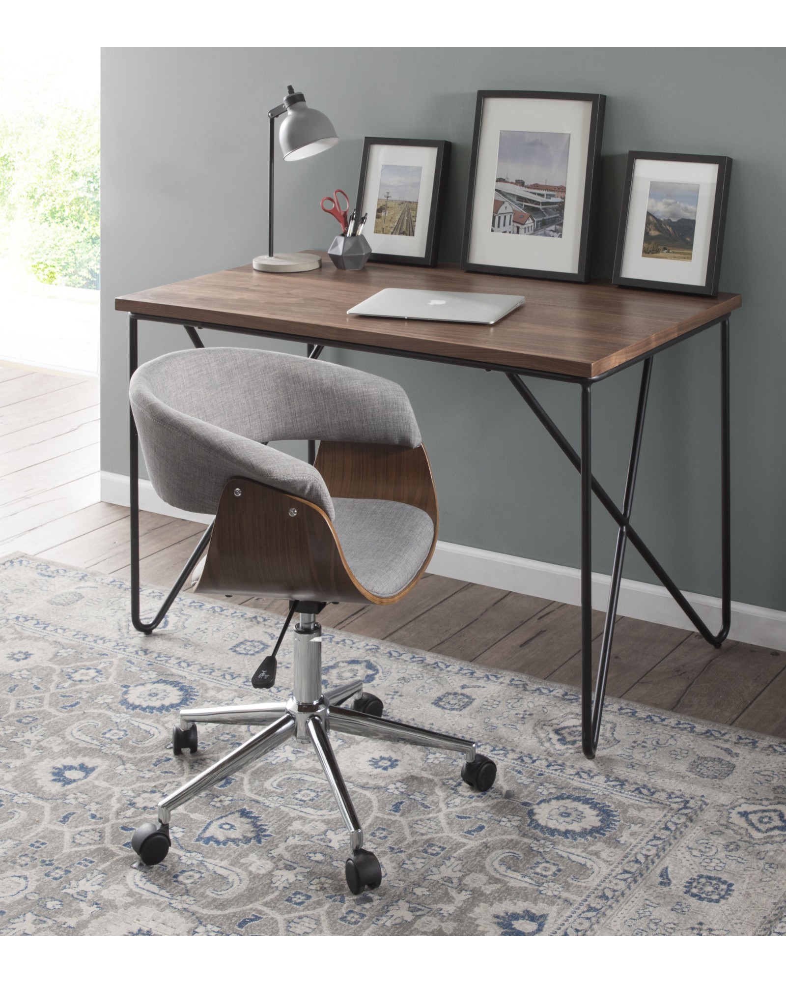 Loft Mid-Century Modern Office Desk with Black Frame and Walnut Wood Top