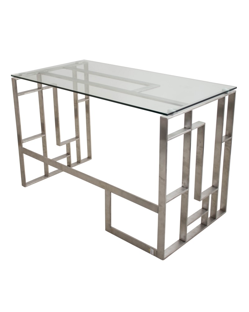 Mandarin Contemporary Desk in Brushed Stainless Steel and Clear Glass