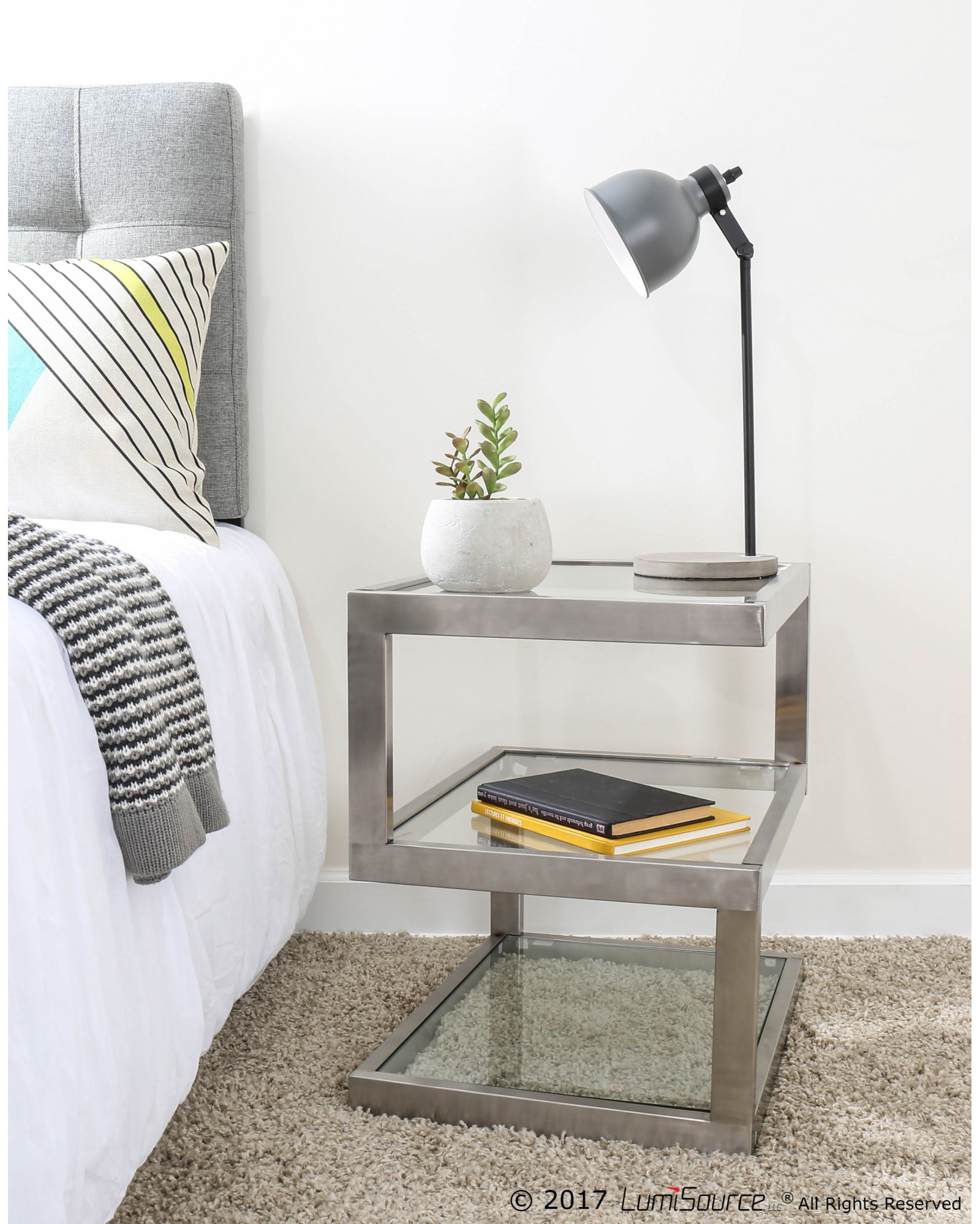 5S Contemporary End Table in Stainless Steel and Clear Glass