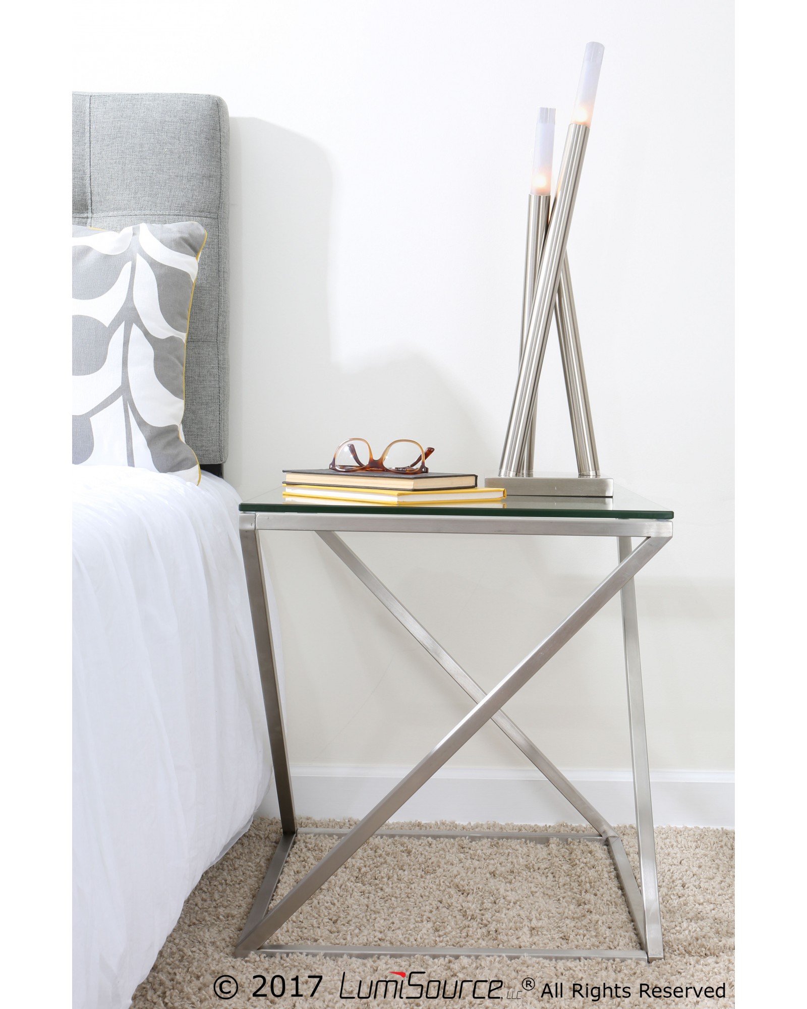 4Z Contemporary End Table in Stainless Steel with Clear Glass