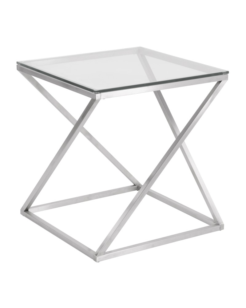 4Z Contemporary End Table in Stainless Steel with Clear Glass