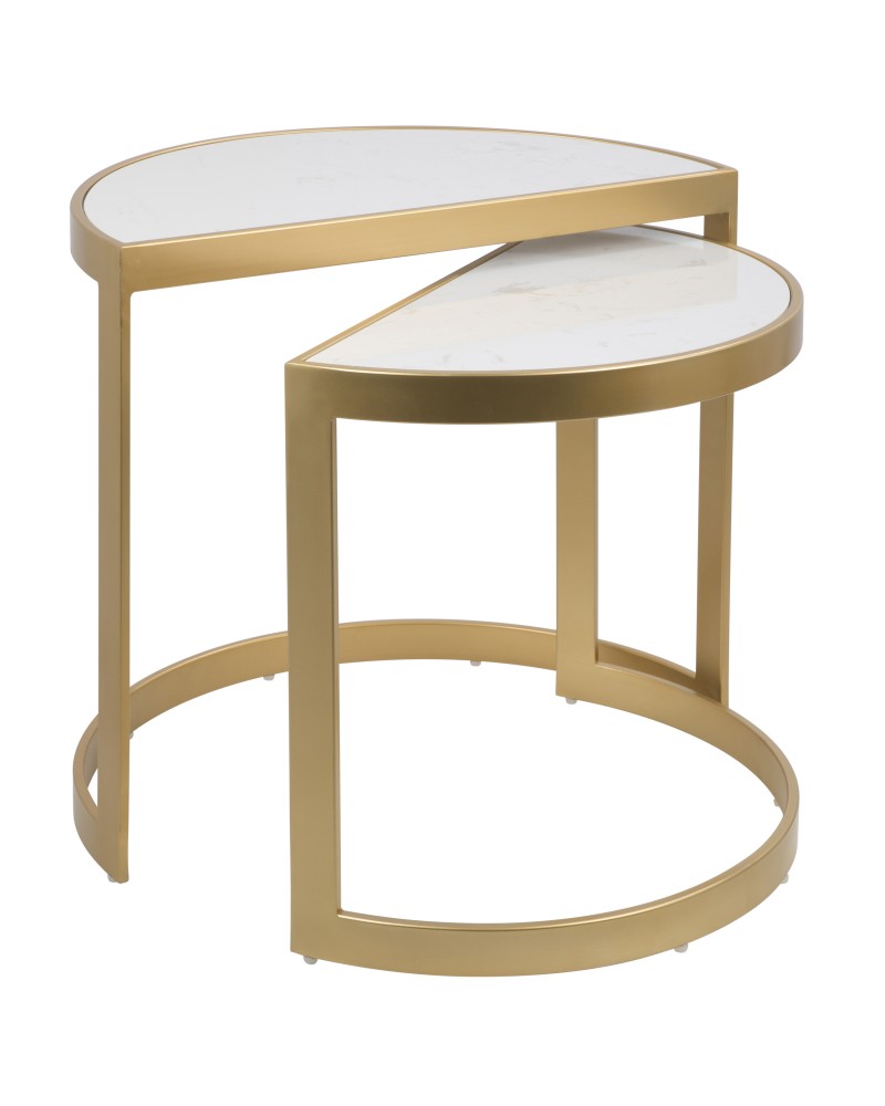 Demi Contemporary Nesting Tables in Gold with White Marble Top - Set of 3