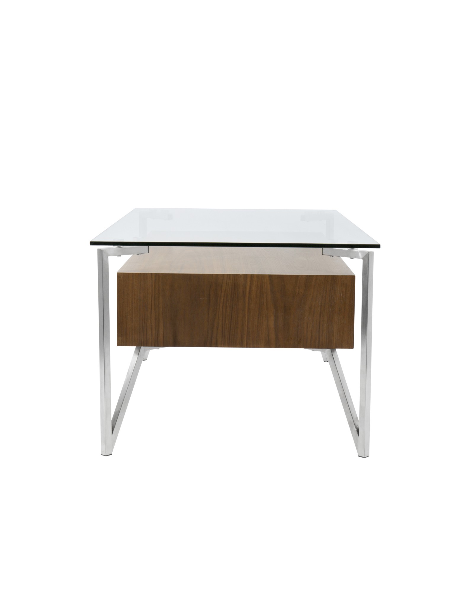 Hover Contemporary Coffee Table with Brushed Stainless Steel Frame, Walnut Wood Shelf, and Clear Glass Top