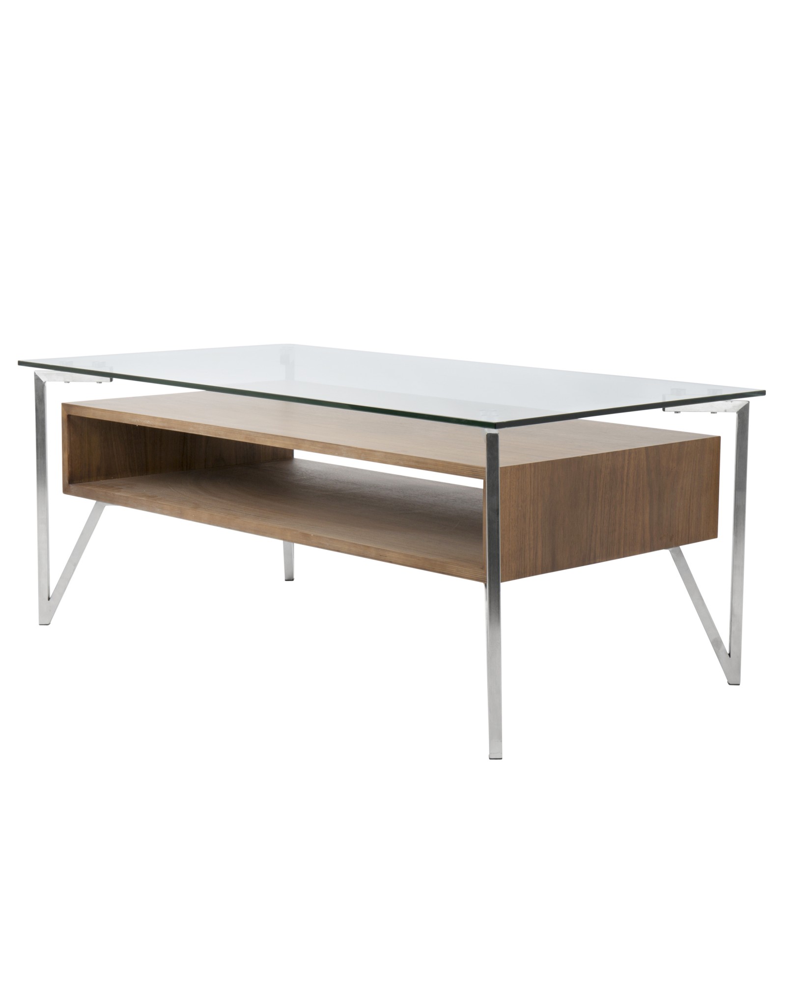 Hover Contemporary Coffee Table with Brushed Stainless Steel Frame, Walnut Wood Shelf, and Clear Glass Top