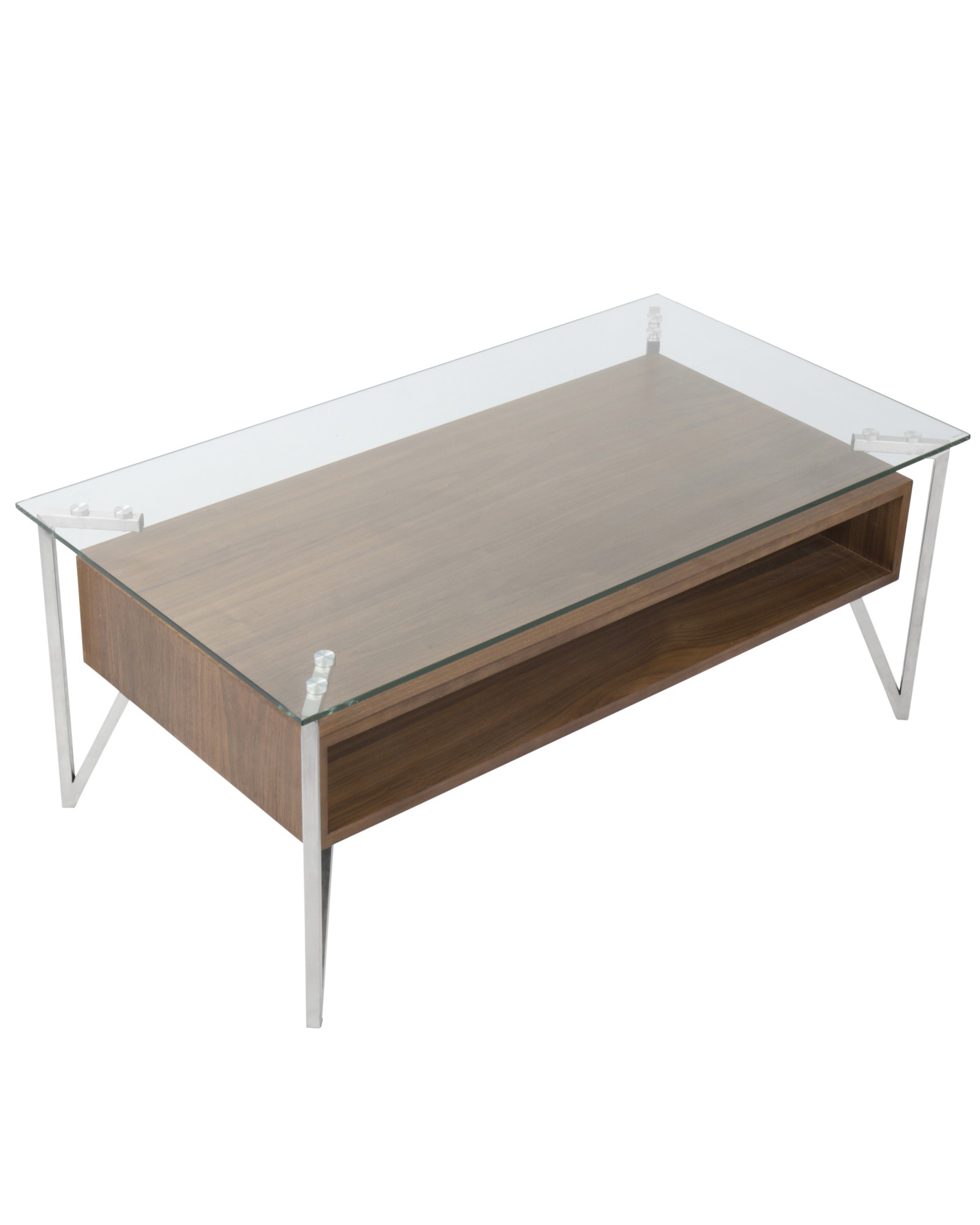 Hover Contemporary Coffee Table with Brushed Stainless Steel Frame, Walnut Wood Shelf, and Clear Glass Top