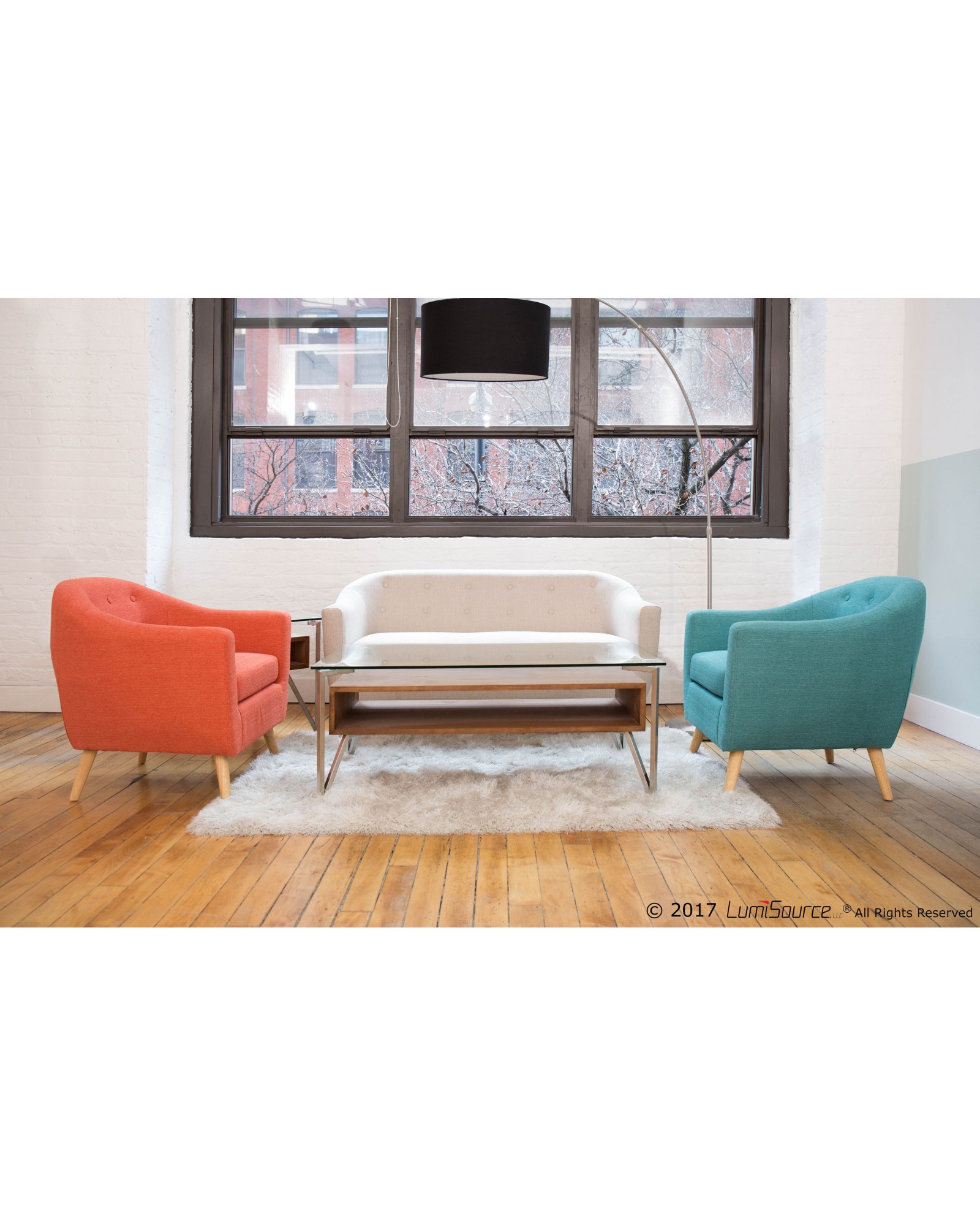 Hover Contemporary Coffee Table with Brushed Stainless Steel Frame, Walnut Wood Shelf, and Clear Glass Top