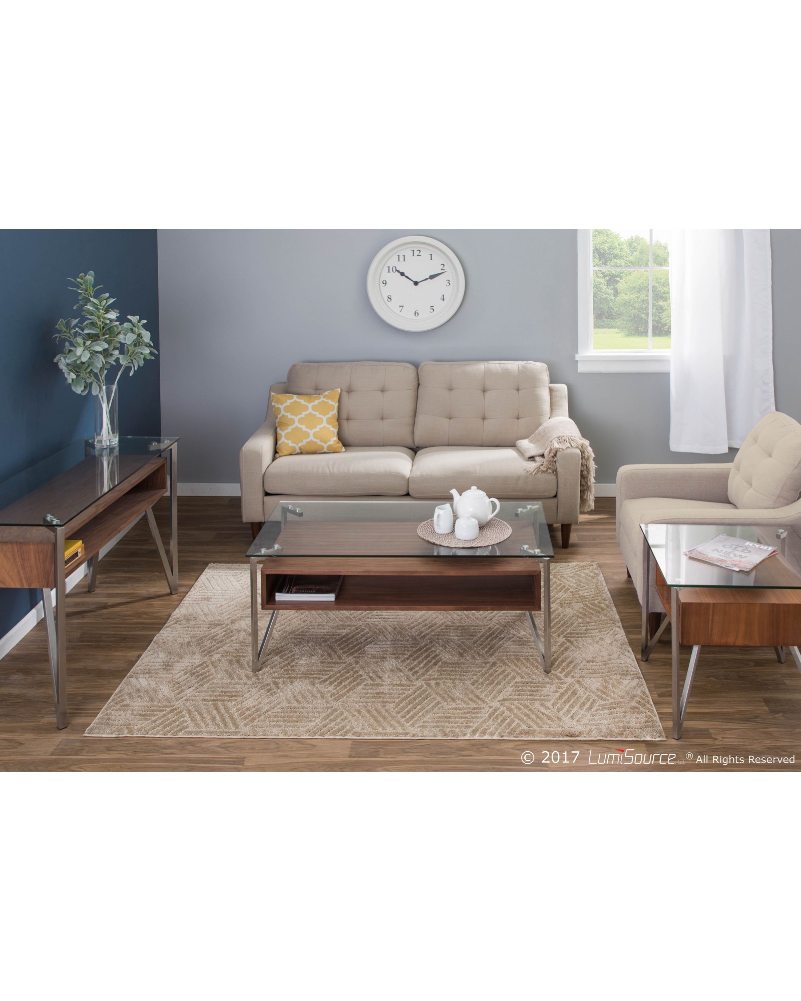 Hover Contemporary Coffee Table with Brushed Stainless Steel Frame, Walnut Wood Shelf, and Clear Glass Top