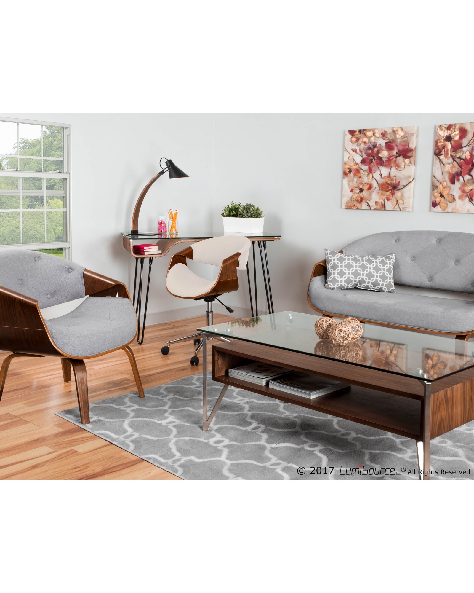 Hover Contemporary Coffee Table with Brushed Stainless Steel Frame, Walnut Wood Shelf, and Clear Glass Top