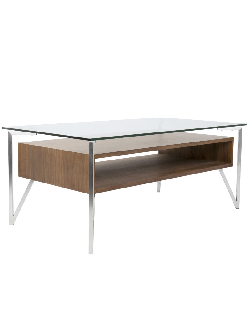 Hover Contemporary Coffee Table with Brushed Stainless Steel Frame, Walnut Wood Shelf, and Clear Glass Top