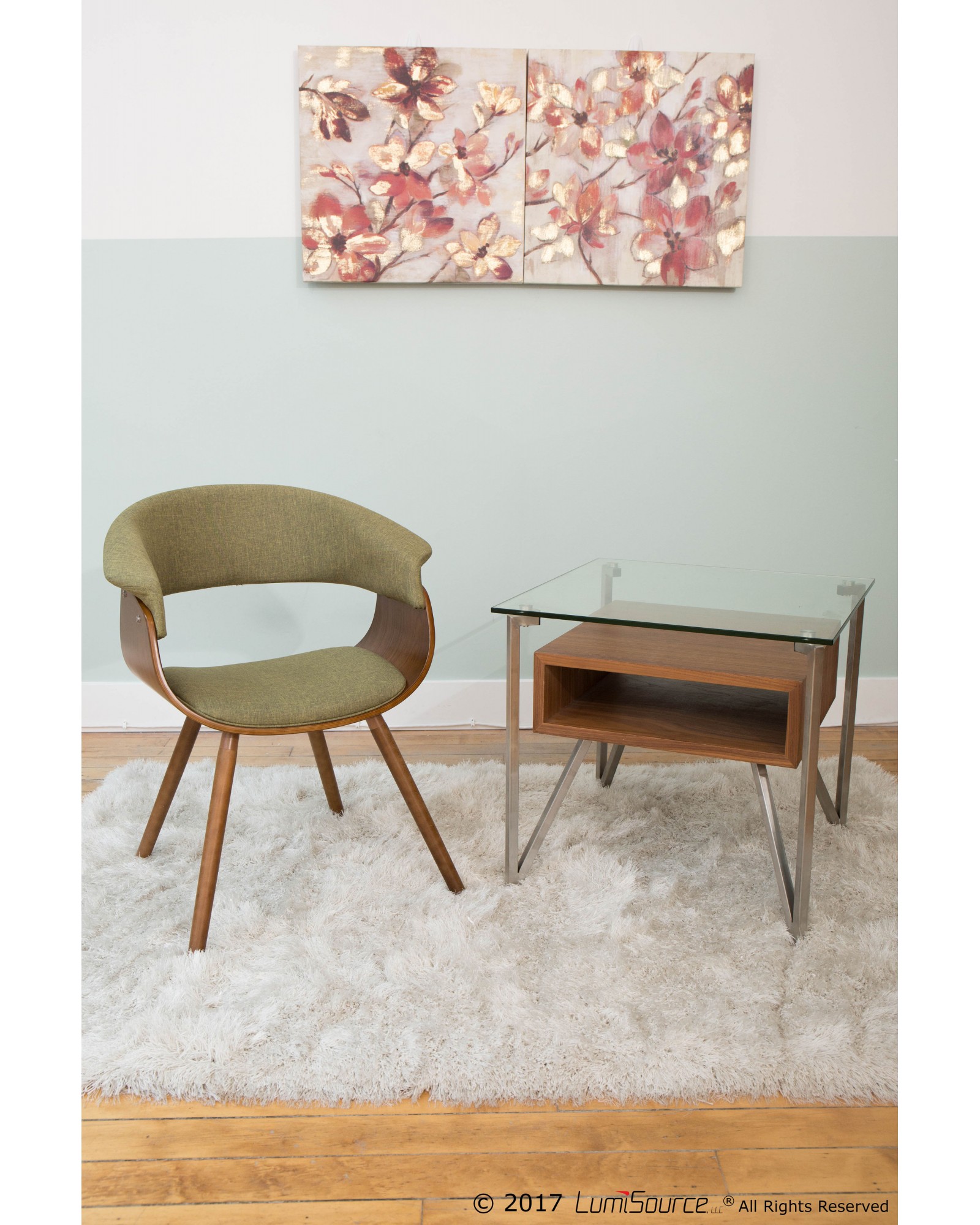 Hover Contemporary End Table with Brushed Stainless Steel Frame, Walnut Wood Shelf, and Clear Glass Top