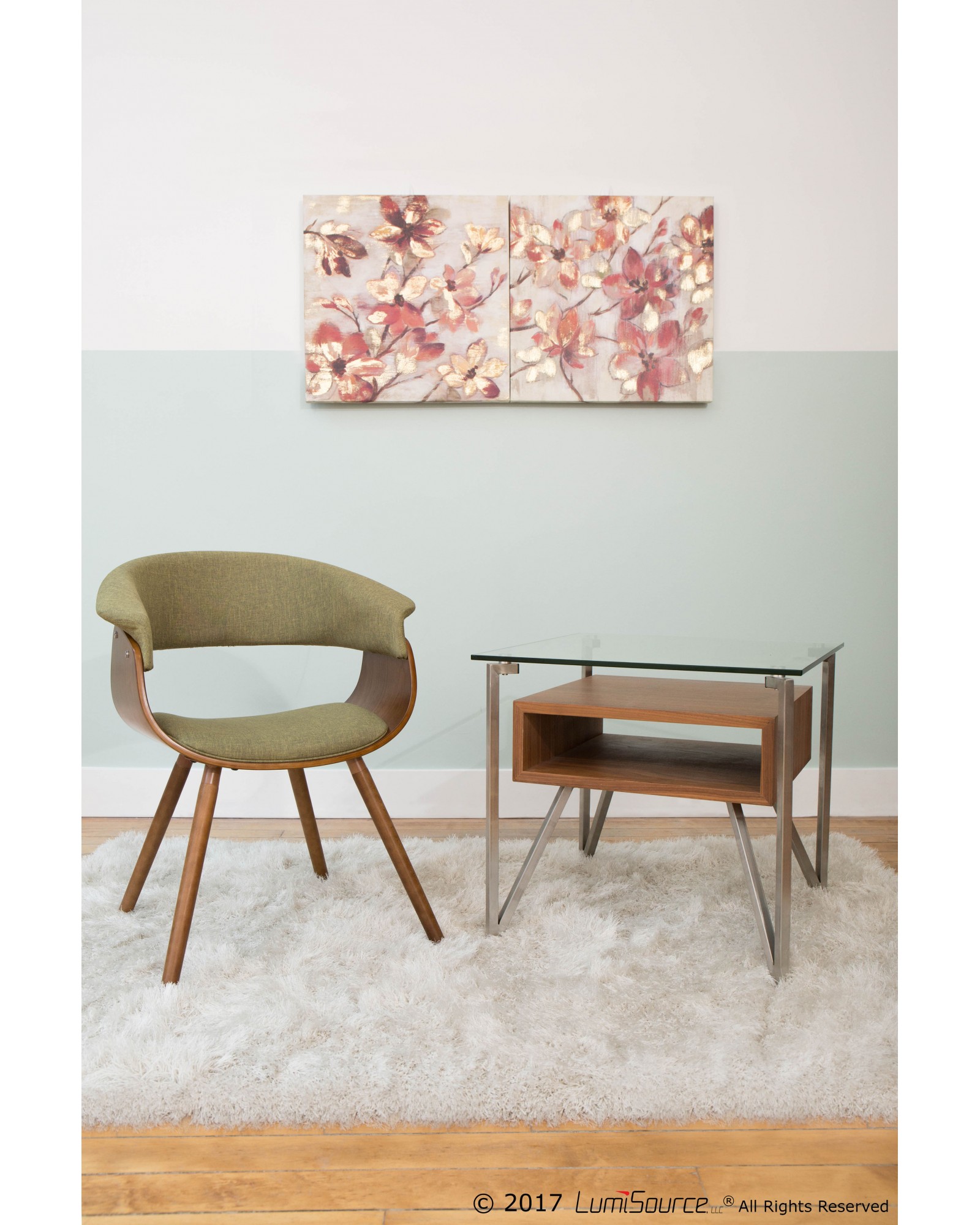 Hover Contemporary End Table with Brushed Stainless Steel Frame, Walnut Wood Shelf, and Clear Glass Top