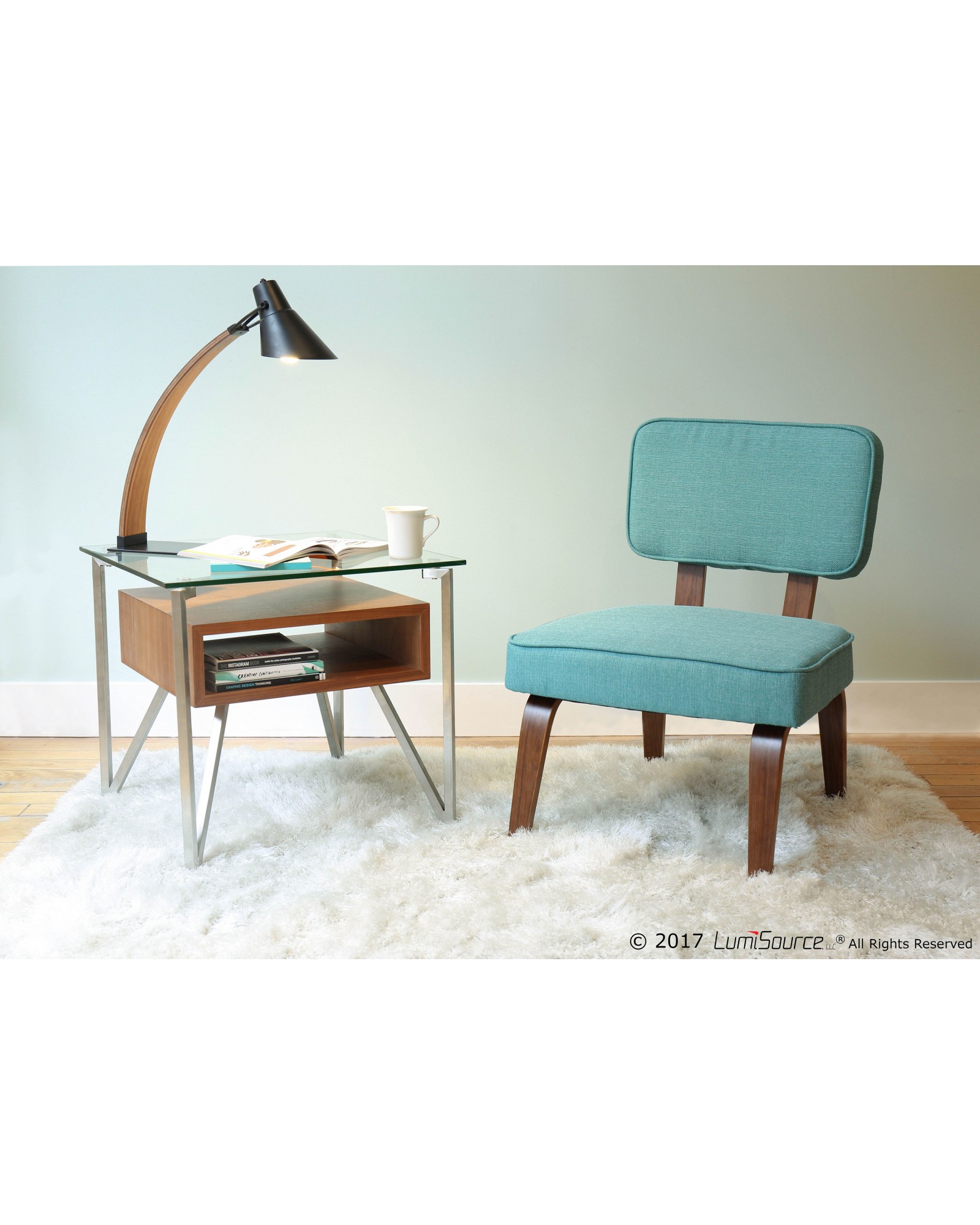 Hover Contemporary End Table with Brushed Stainless Steel Frame, Walnut Wood Shelf, and Clear Glass Top