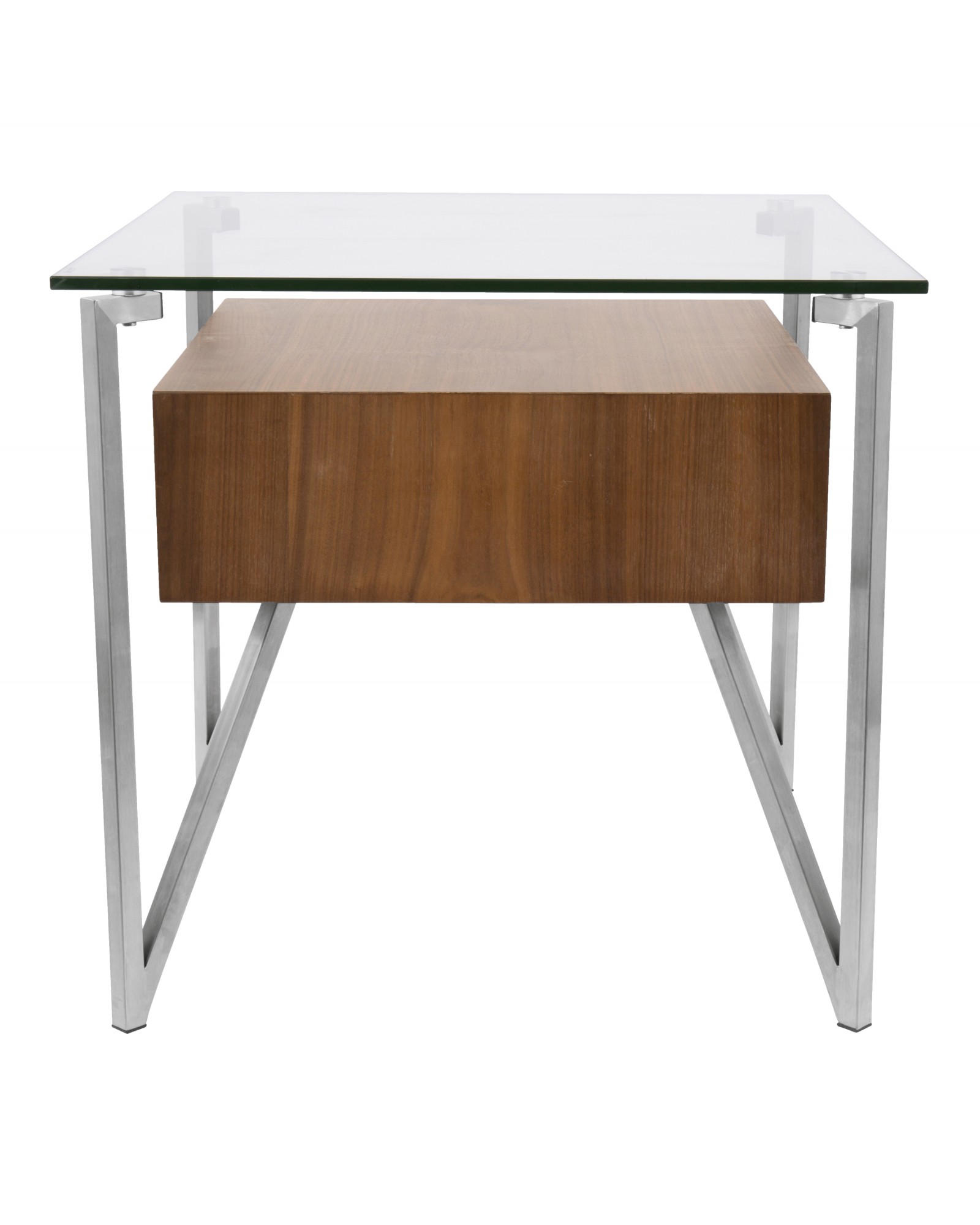 Hover Contemporary End Table with Brushed Stainless Steel Frame, Walnut Wood Shelf, and Clear Glass Top