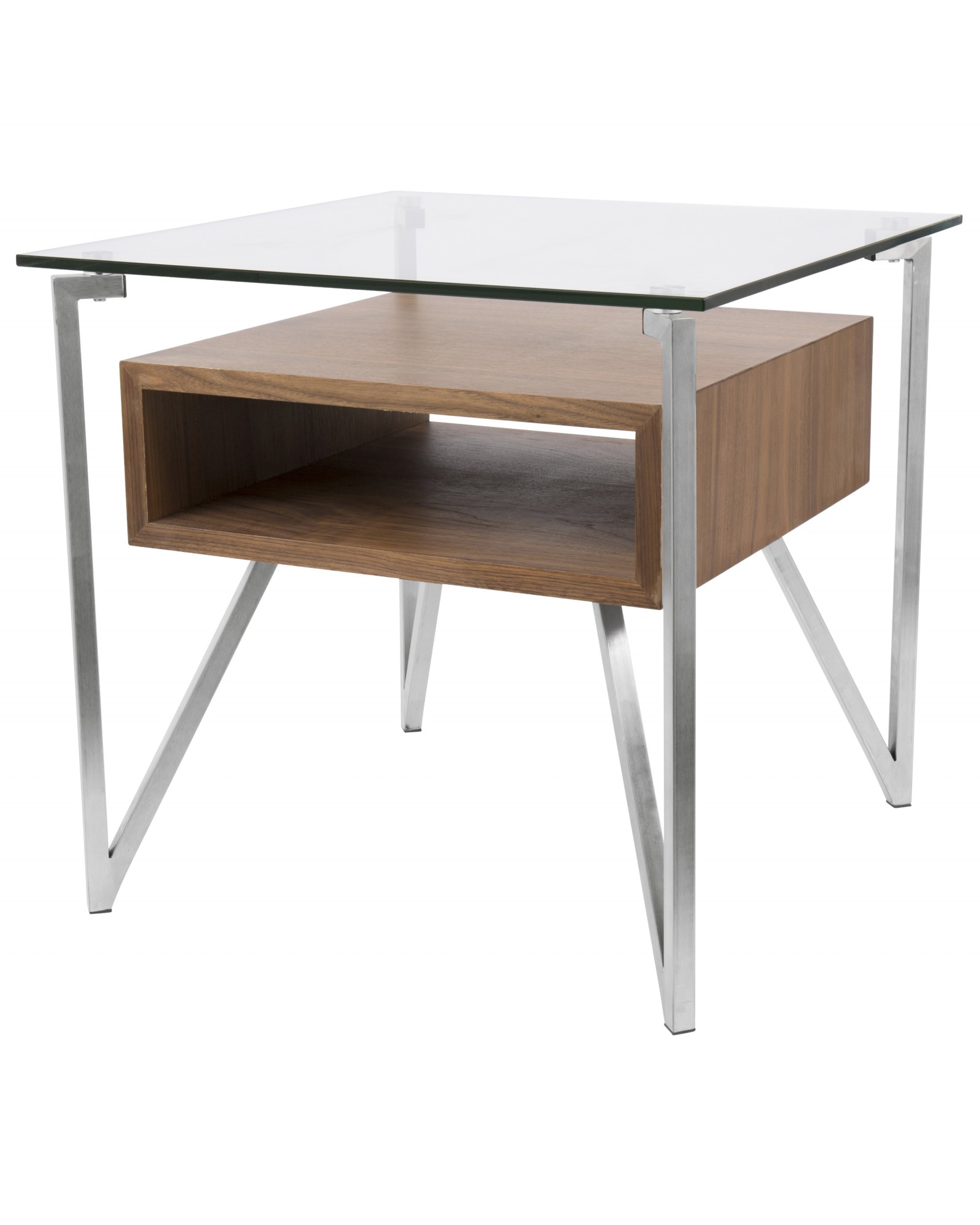 Hover Contemporary End Table with Brushed Stainless Steel Frame, Walnut Wood Shelf, and Clear Glass Top