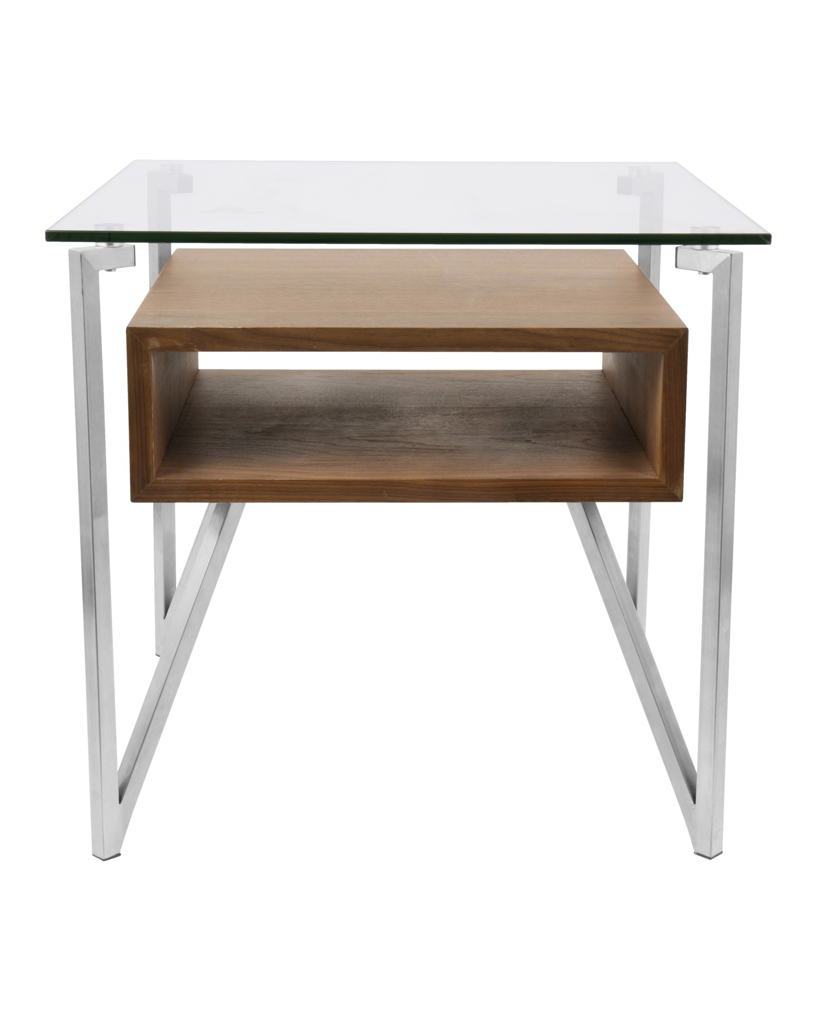 Hover Contemporary End Table with Brushed Stainless Steel Frame, Walnut Wood Shelf, and Clear Glass Top