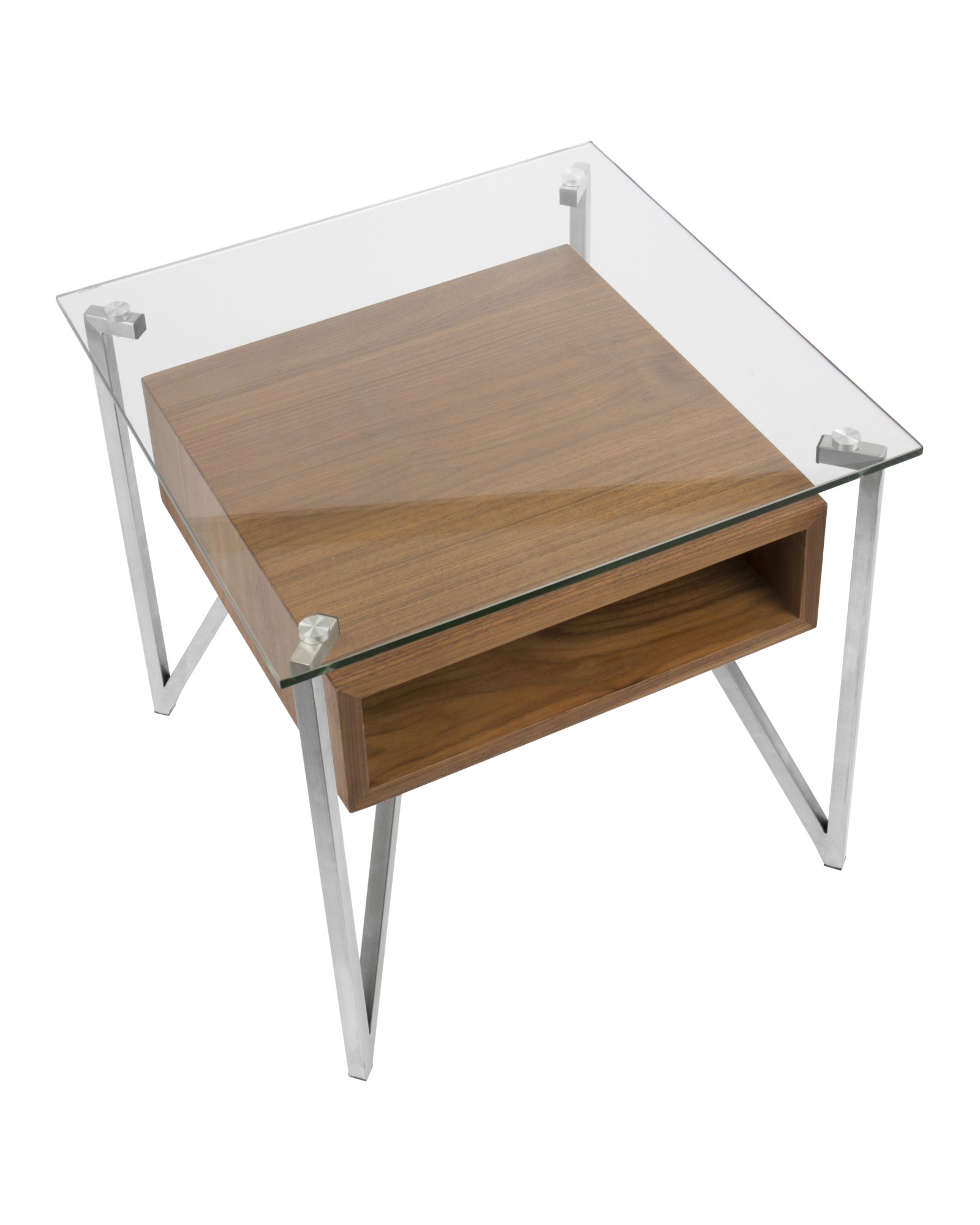 Hover Contemporary End Table with Brushed Stainless Steel Frame, Walnut Wood Shelf, and Clear Glass Top
