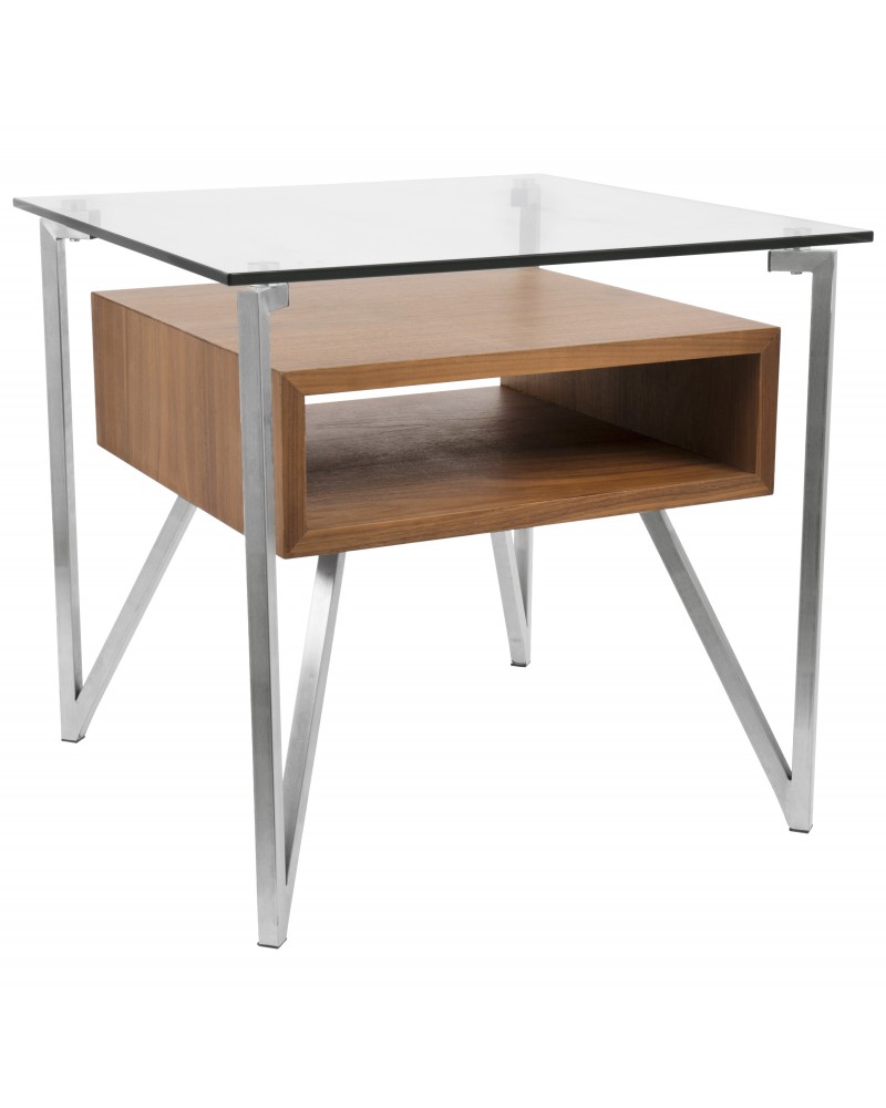 Hover Contemporary End Table with Brushed Stainless Steel Frame, Walnut Wood Shelf, and Clear Glass Top