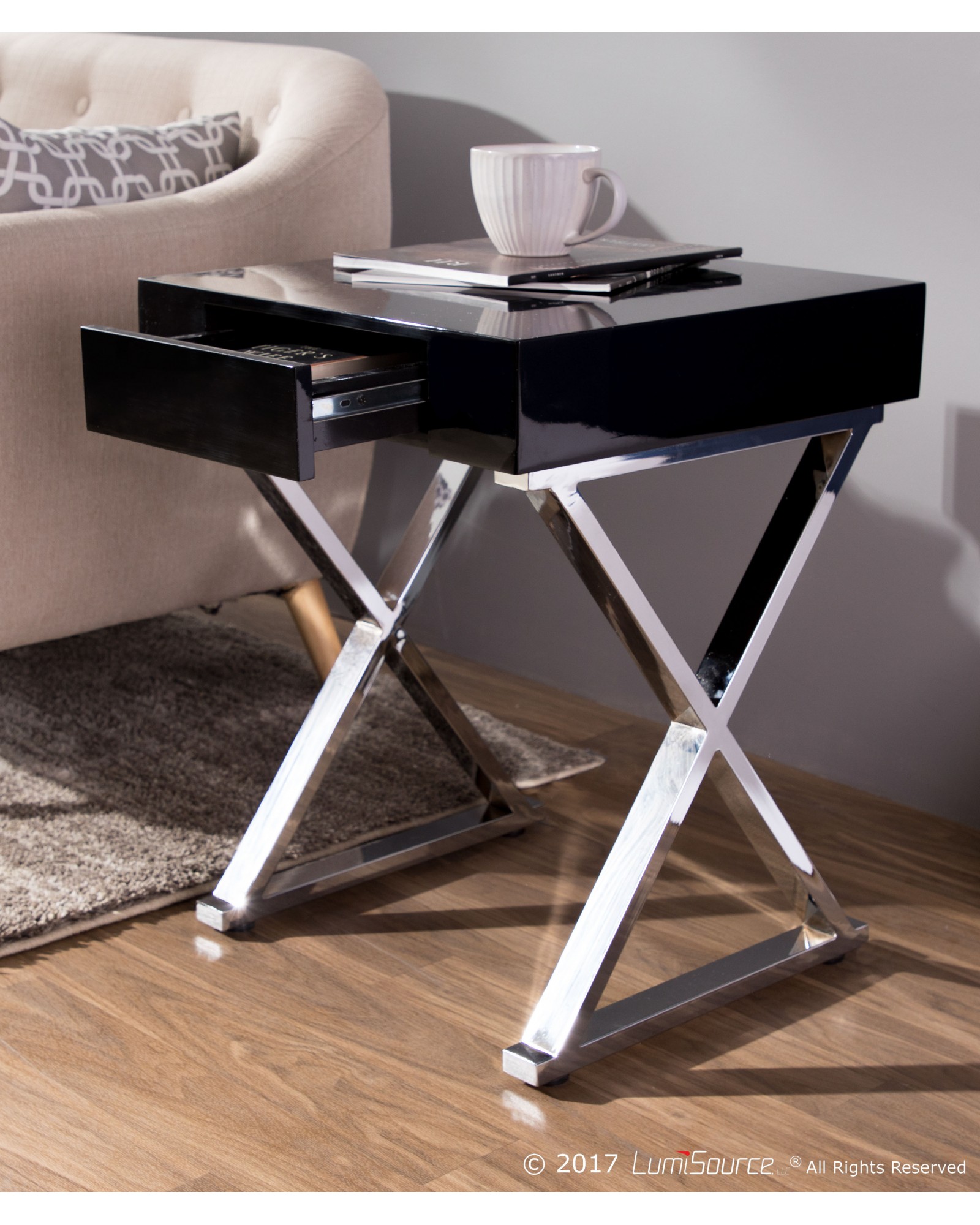 Luster Contemporary Side Table in Black and Chrome