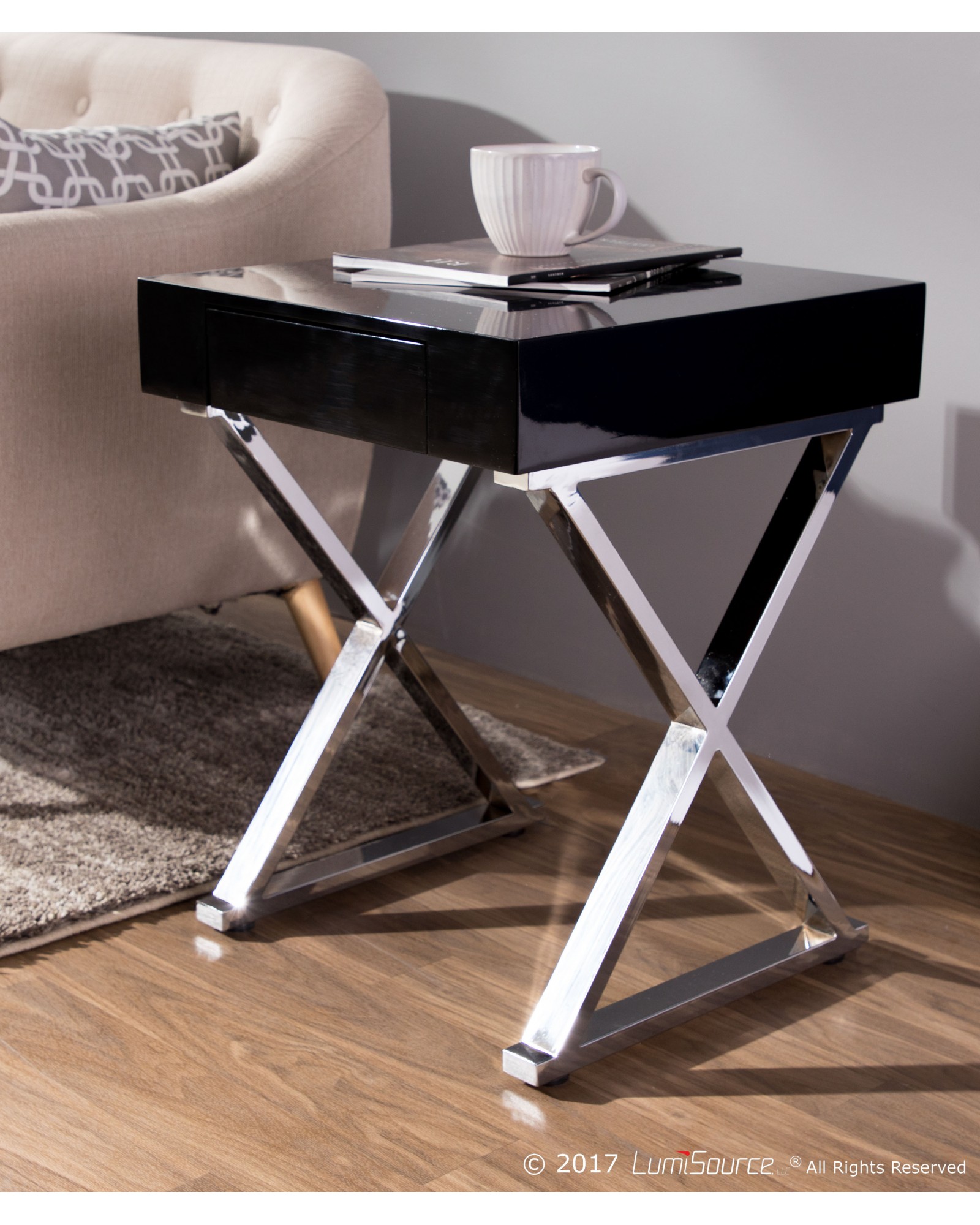 Luster Contemporary Side Table in Black and Chrome