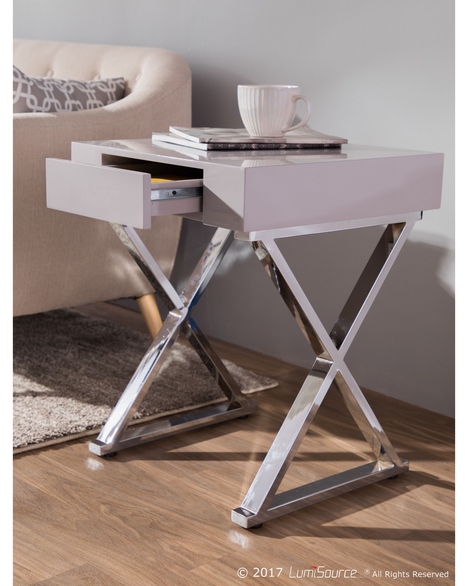 Luster Contemporary Side Table in Grey and Chrome