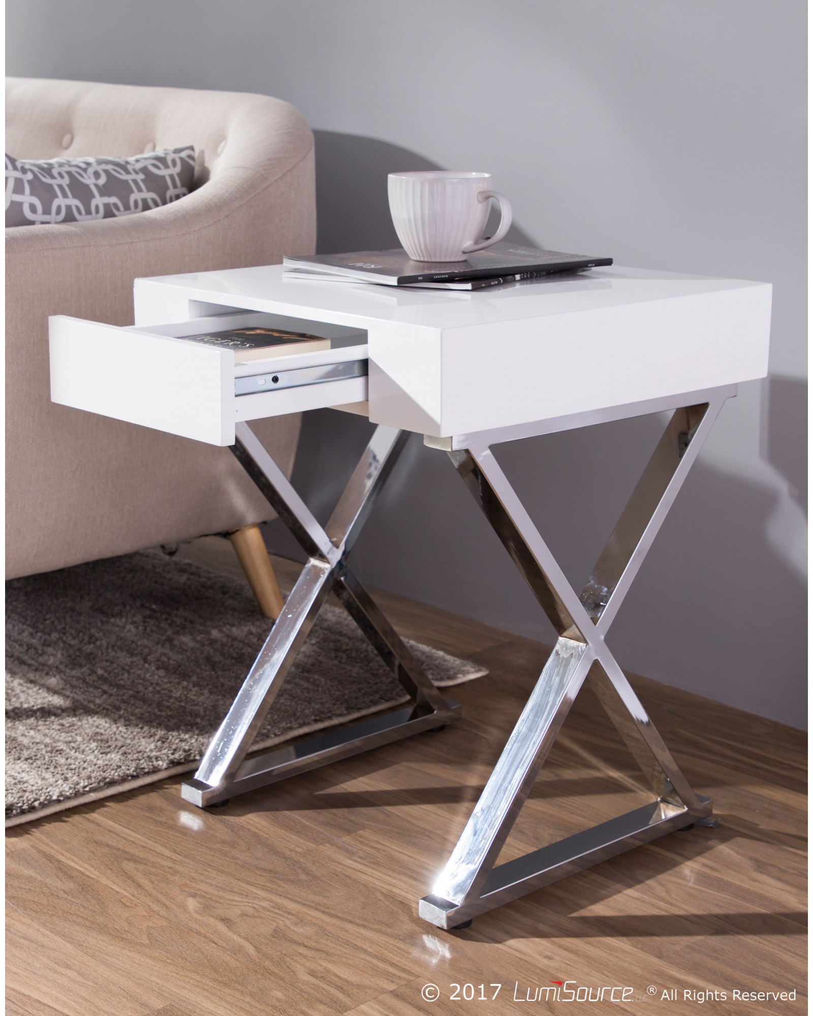 Luster Contemporary Side Table in White and Chrome