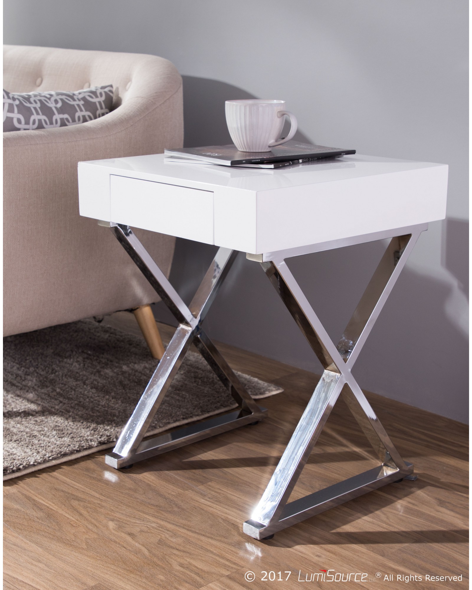 Luster Contemporary Side Table in White and Chrome